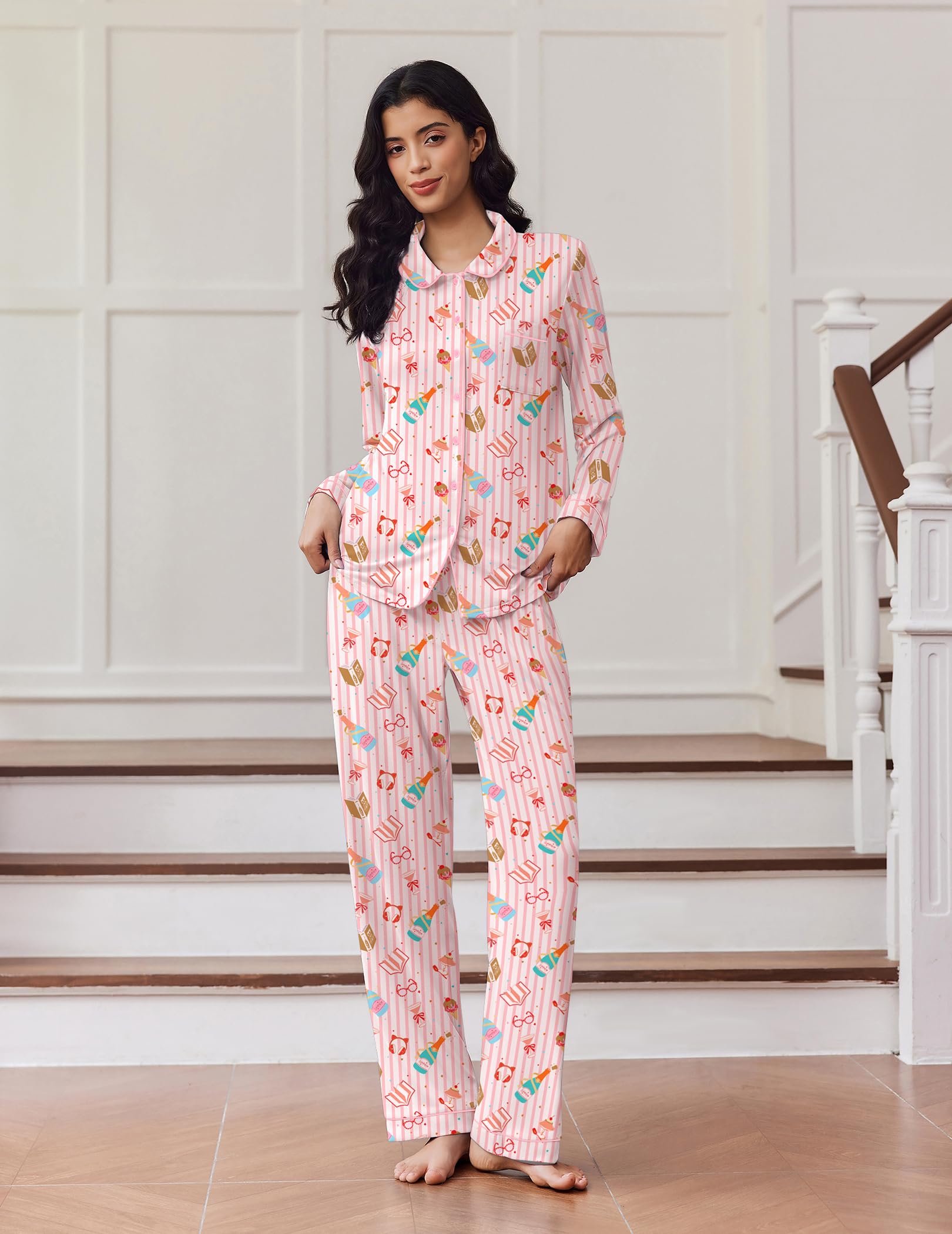 Ekouaer Women's Pajama Set Long Sleeve Lounge Set Soft Button Down Pjs