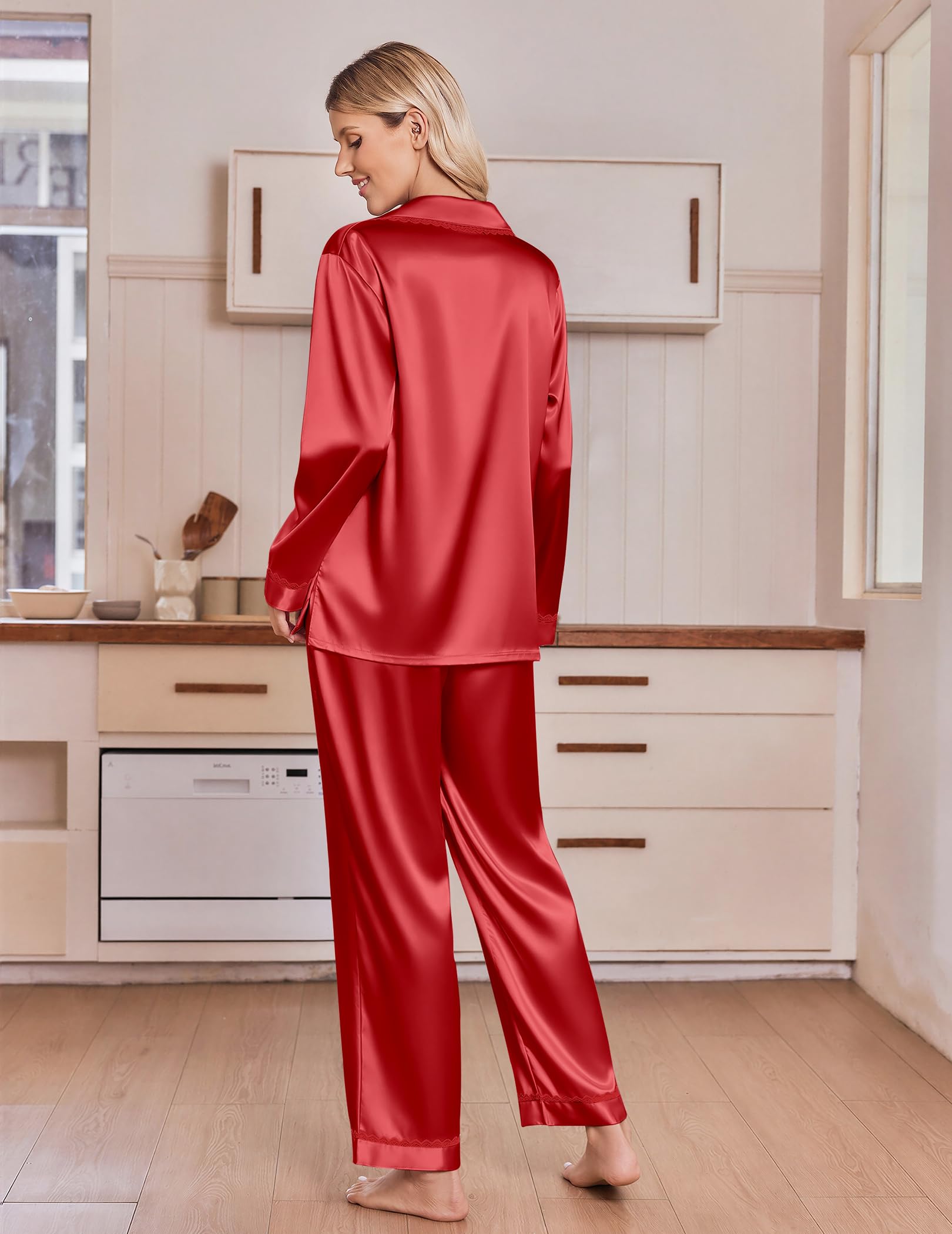 Ekouaer Satin Pajamas for Women Set 2 Piece Silk Pjs Long Sleeve Lounge Set