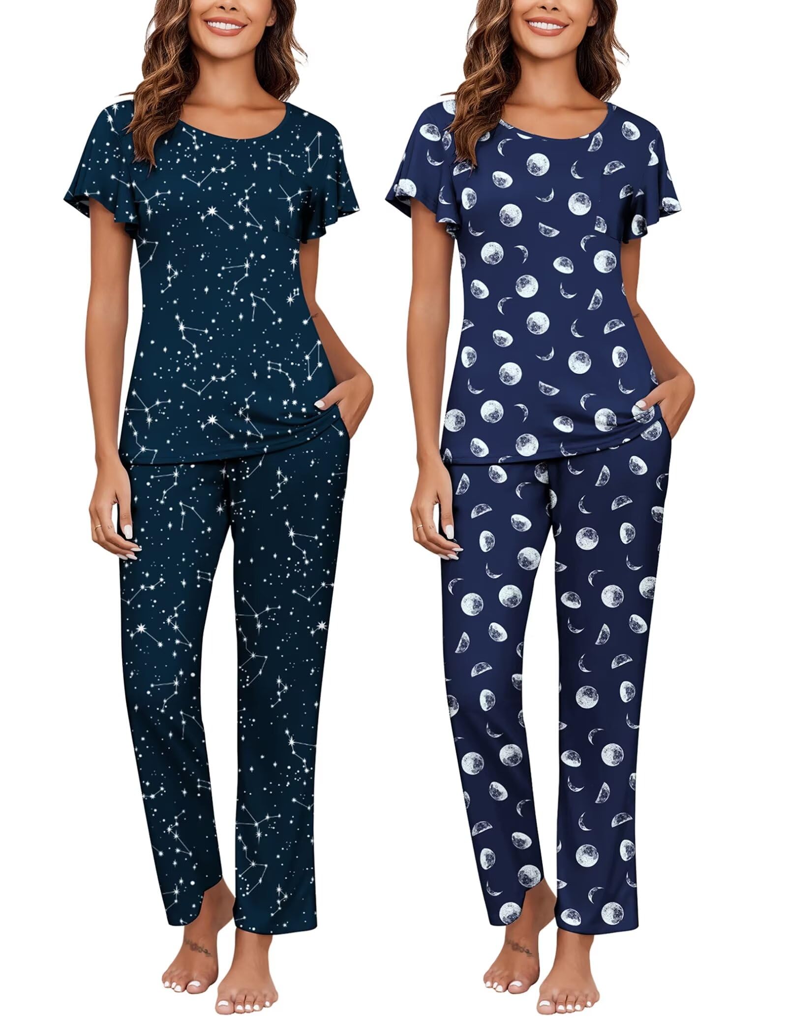 Ekouaer Pajamas for Women Set 2 Piece Comfy Loungewear, Lightweight Pjs Sleepwear, Short Sleeve Top & Long Pants with Pockets