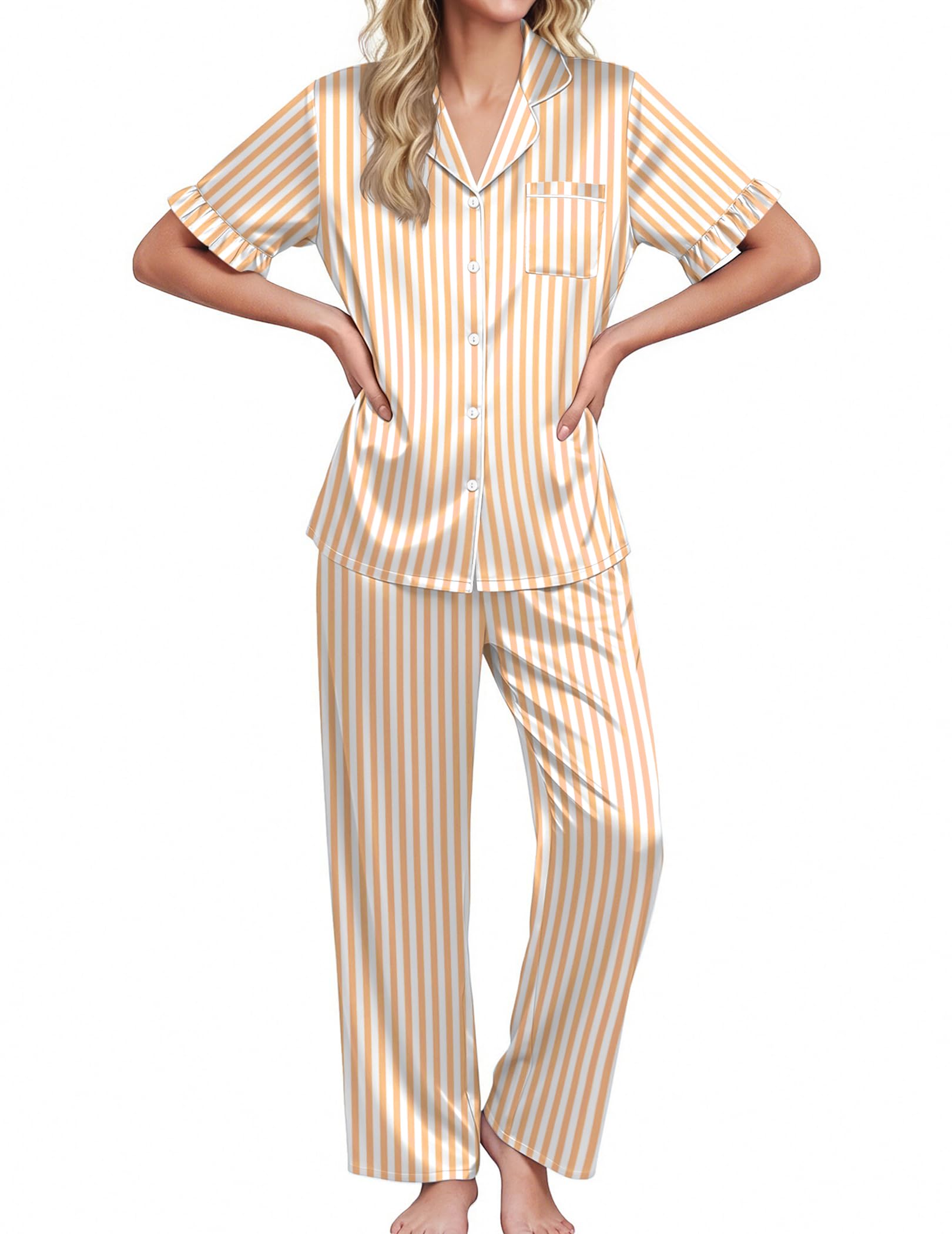 Ekouaer Silk Satin Pajamas for Women Set 2 Piece Short Sleeve Button Up Pjs