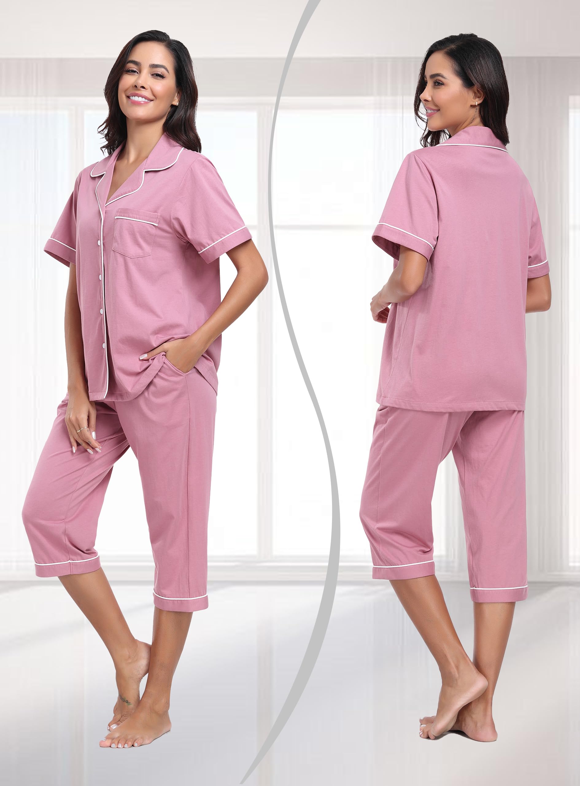 COLORFULLEAF 100% Cotton Women's Pajama Sets Short Sleeve Capri Pajamas for Women Set Button Down Pjs Soft Sleepwear Summer