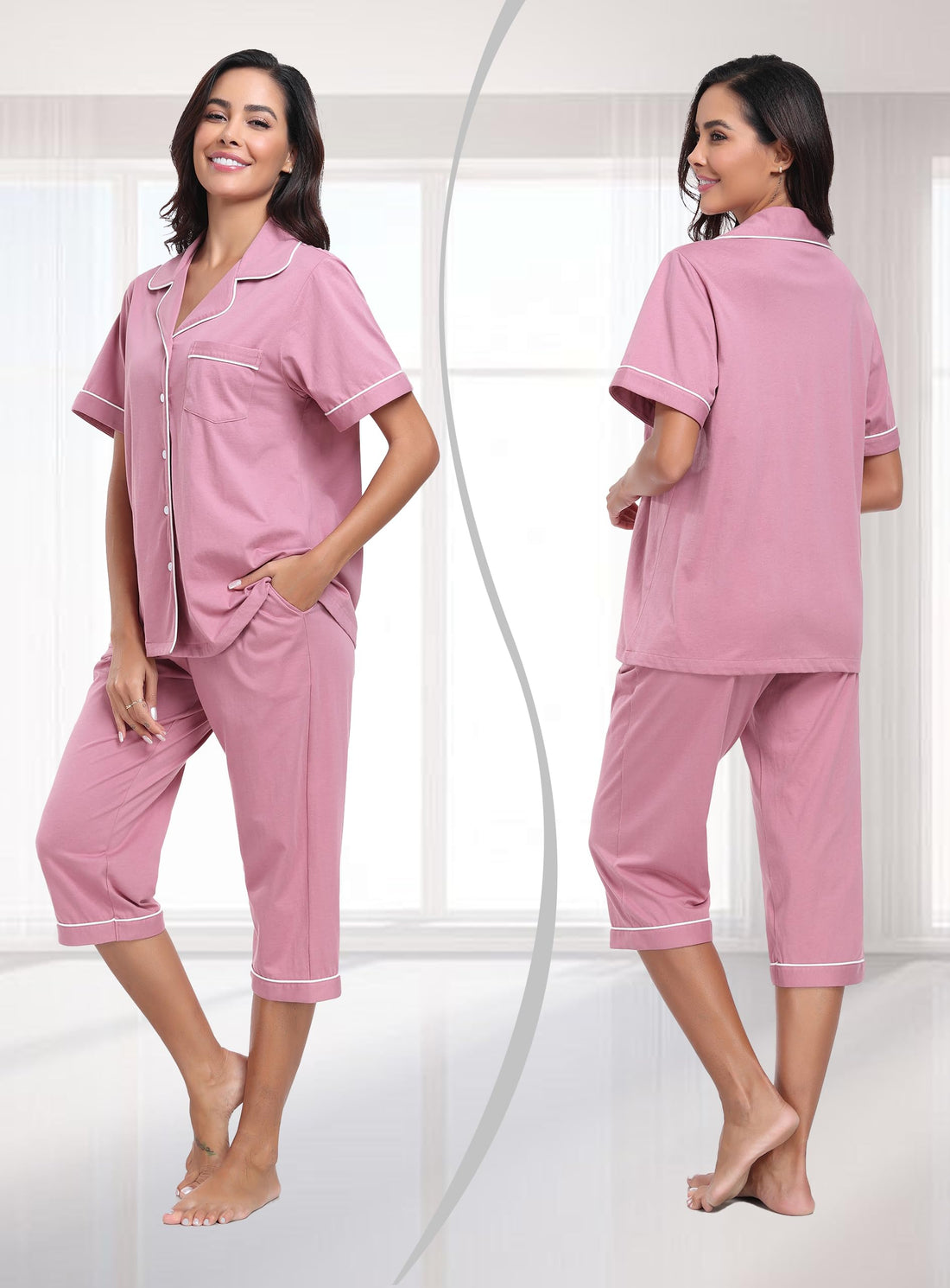 COLORFULLEAF 100% Cotton Women's Pajama Sets Short Sleeve Capri Pajamas for Women Set Button Down Pjs Soft Sleepwear Summer
