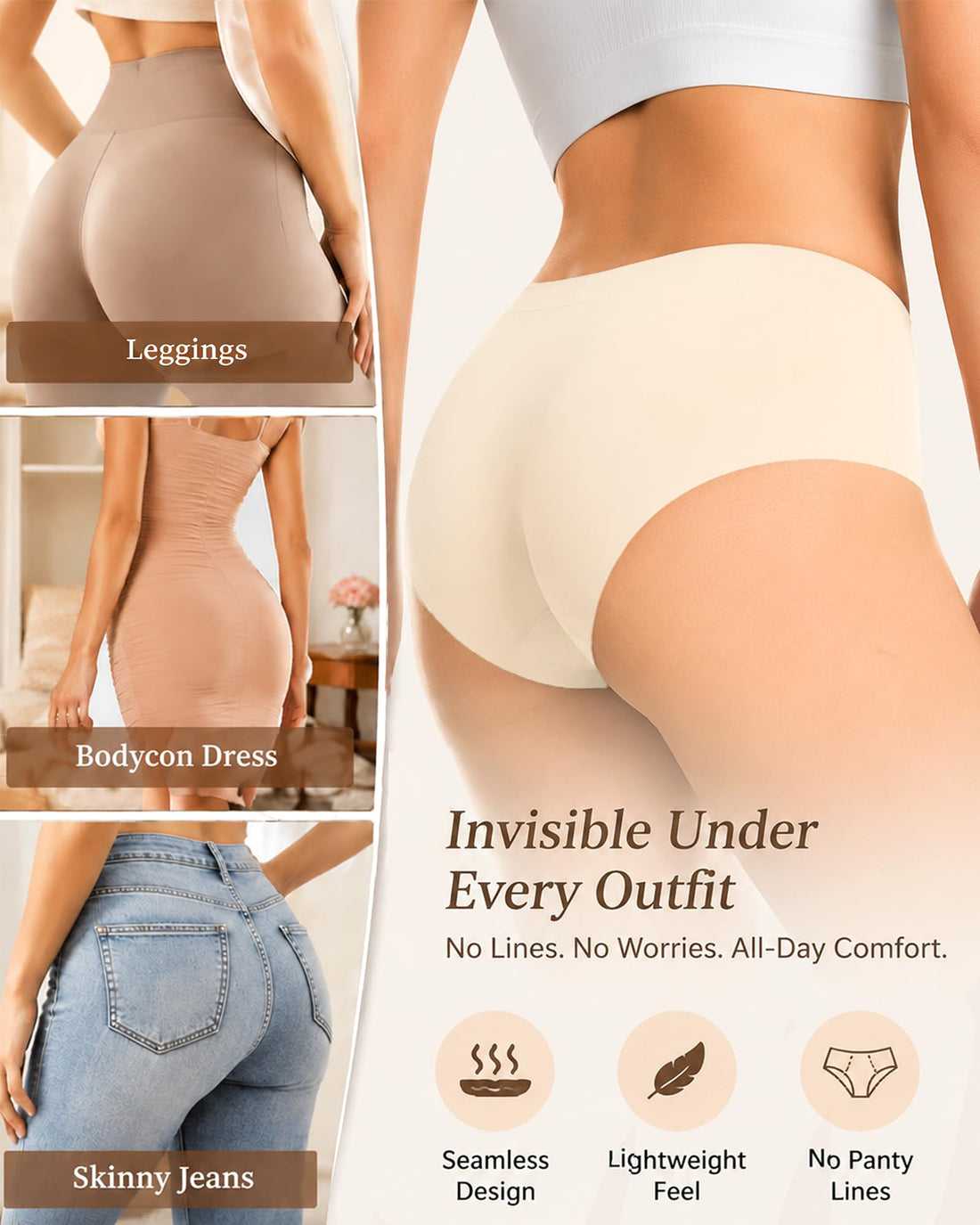 FINETOO 6 Pack Womens Seamless Underwear Full Coverage No Show Hipster Panties Sexy Stretchy Invisible Briefs Bikini Lingerie