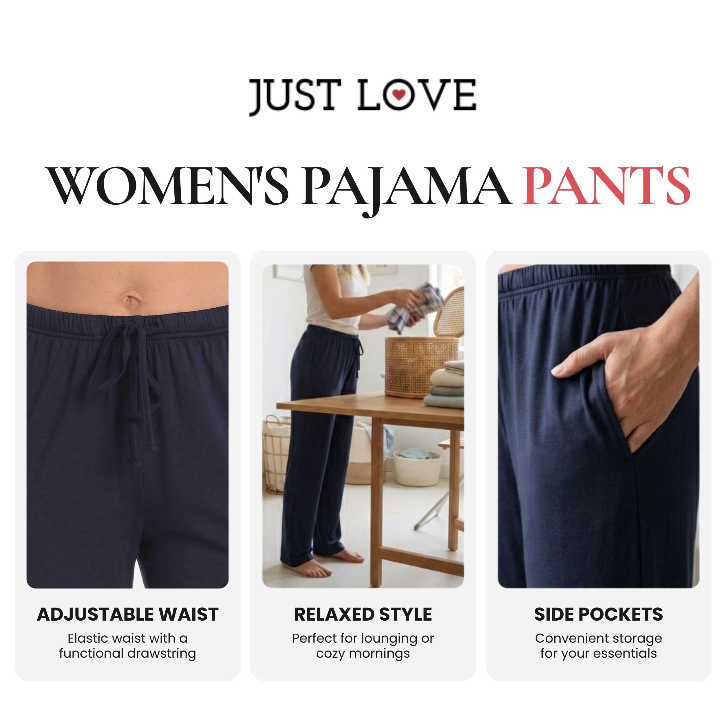 Just Love Women's Pajama Pants, Soft Stretch Jersey PJ Bottoms with Two Pockets, Elastic Waist and Drawstring
