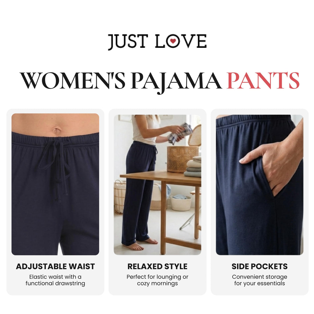 Just Love Women's Pajama Pants, Soft Stretch Jersey PJ Bottoms with Two Pockets, Elastic Waist and Drawstring