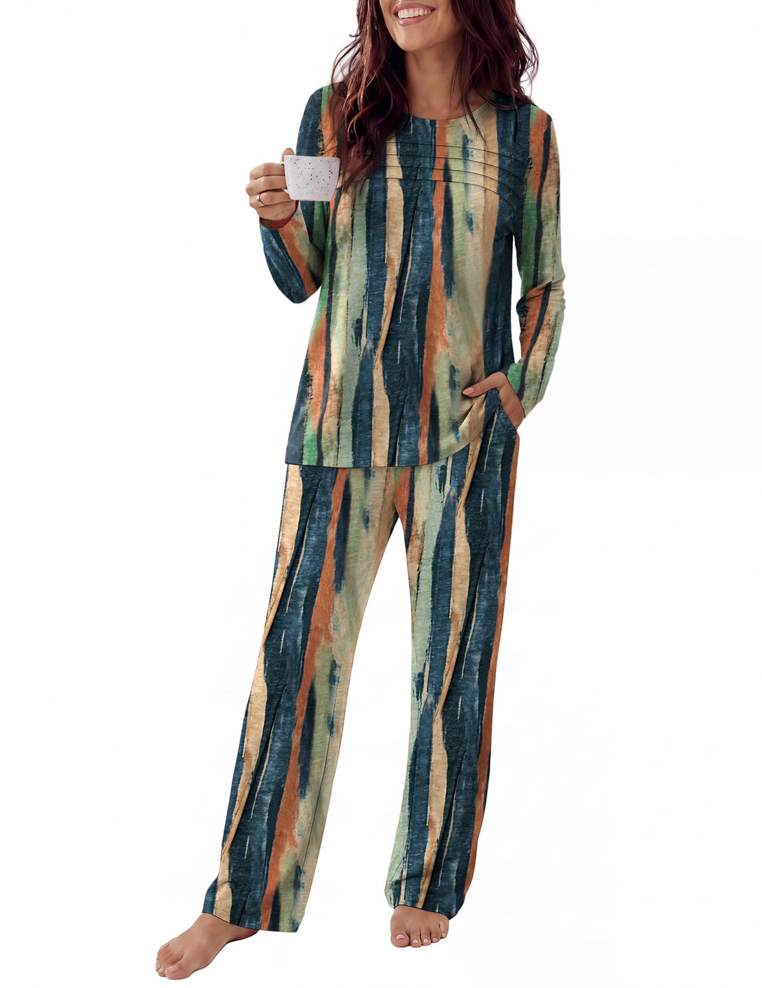 Ekouaer Womens Pajama Sets Pleated Tops with Long Sleeve Fall Lounge Set