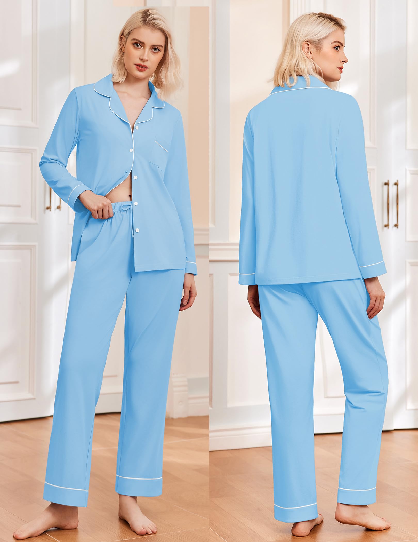 Ekouaer Womens Pajamas Set Classic Sleepwear Long Sleeve Button Up Pjs Sets