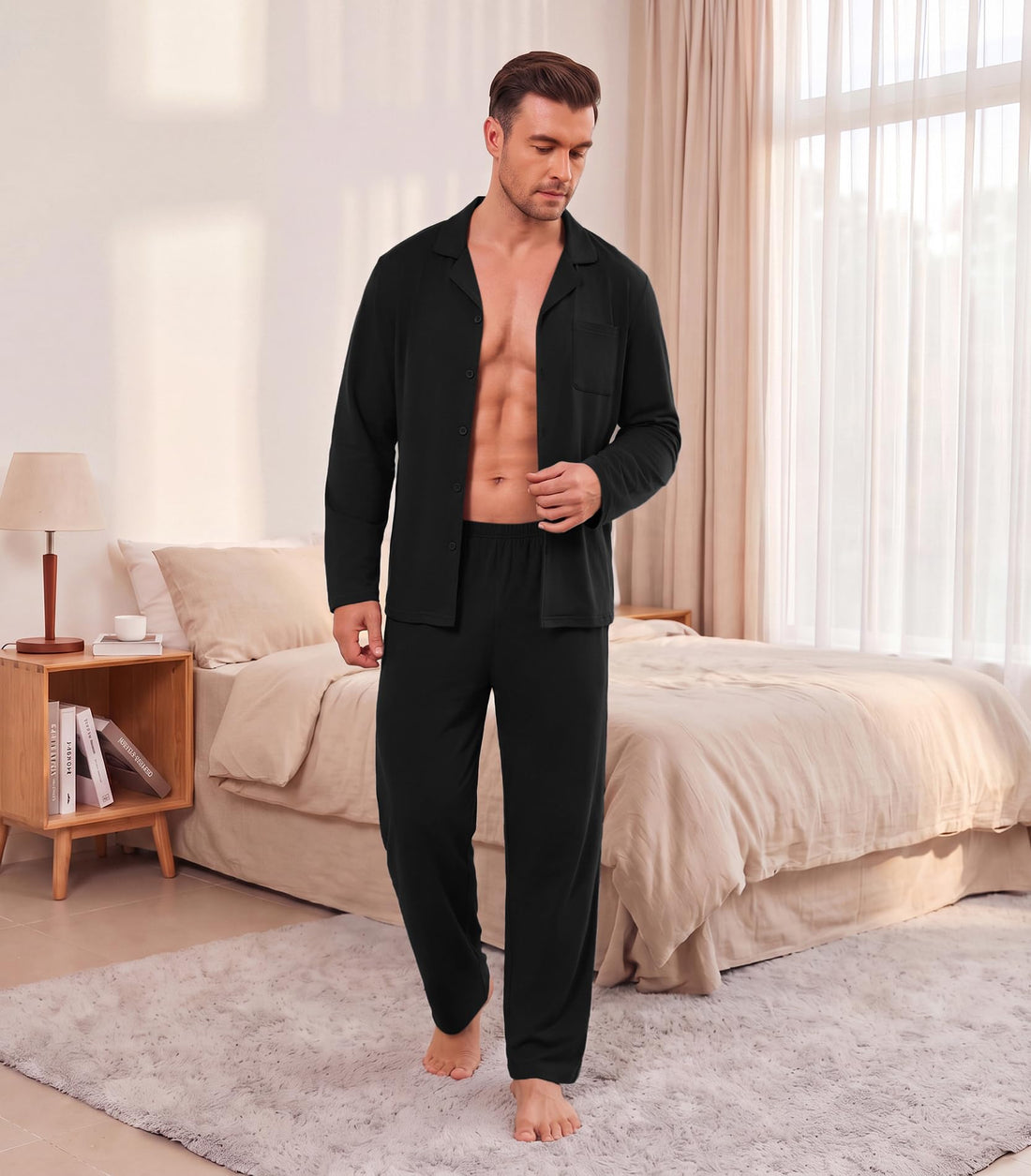 Ekouaer Mens Pajamas Set Long Sleeve Button Down Pjs Long Pants with Pocket