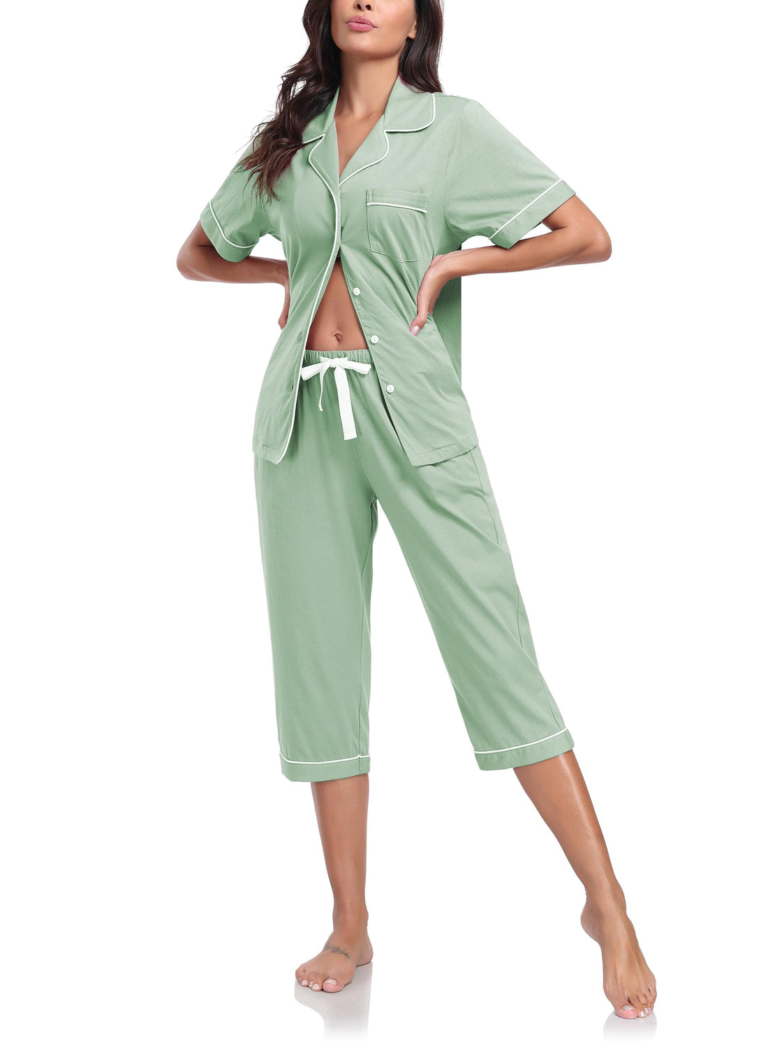 COLORFULLEAF 100% Cotton Women's Pajama Sets Short Sleeve Capri Pajamas for Women Set Button Down Pjs Soft Sleepwear Summer