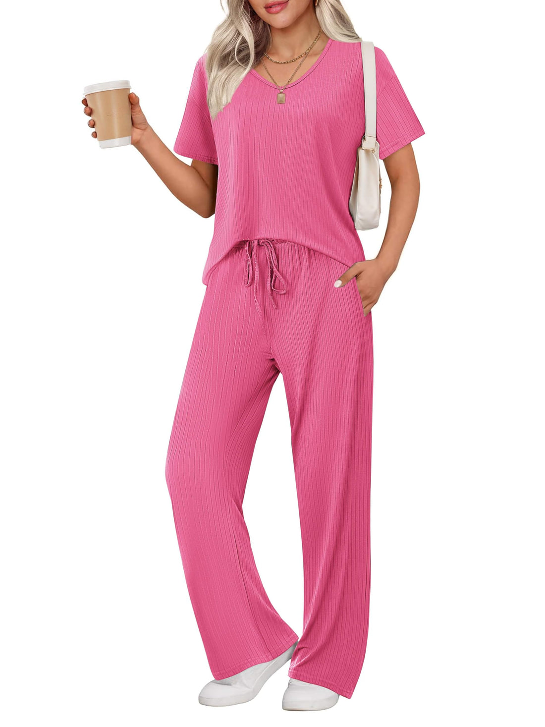 Ekouaer Womens Ribbed Knit Lounge Set Short Sleeve Top and Long Pants Sleepwear Pajama Set Two Piece Matching Outfits Set