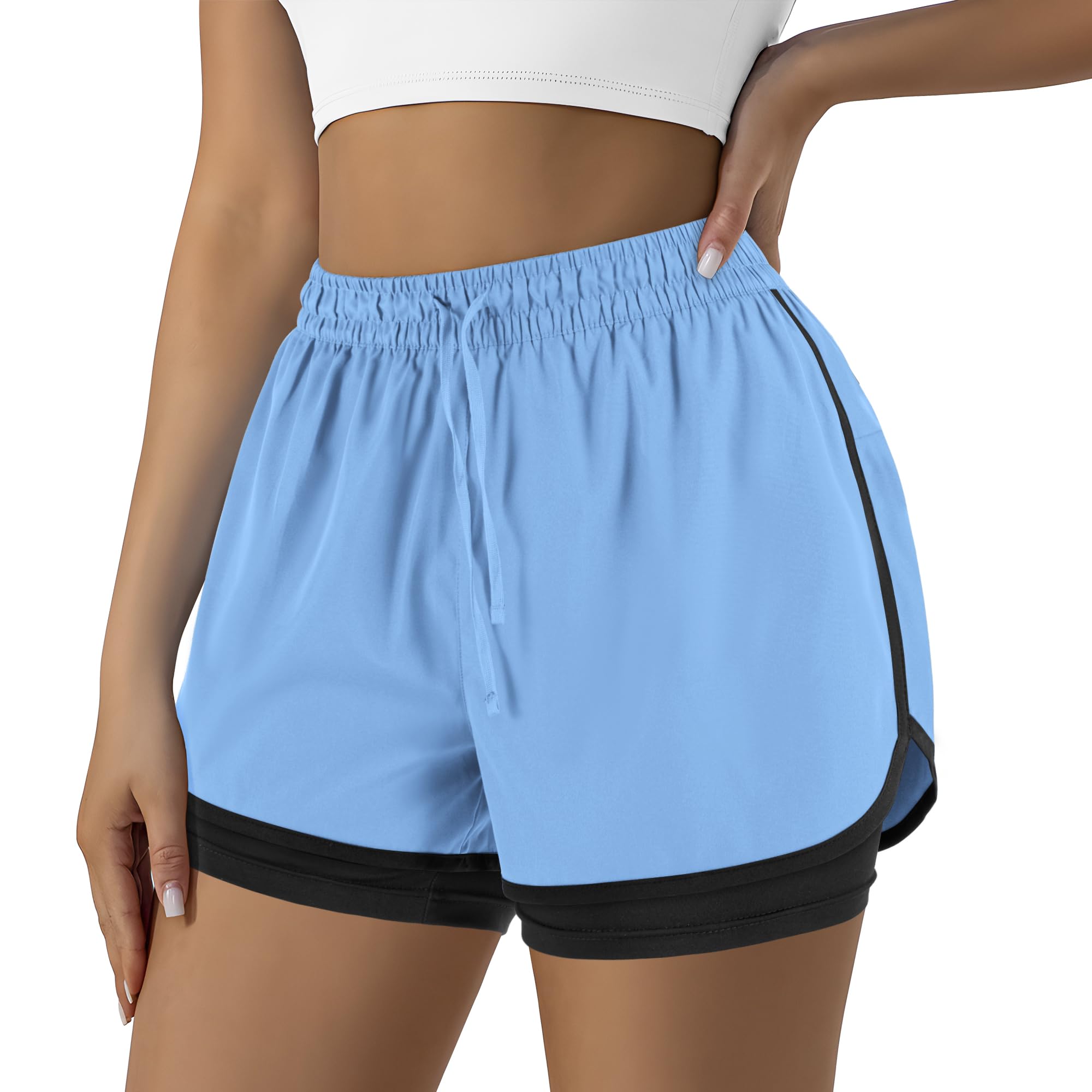 Yevrimow Women's 2 in 1 Running Shorts for Gym Yoga Workout Athletic Shorts High-Waisted Shorts with Liner Pockets