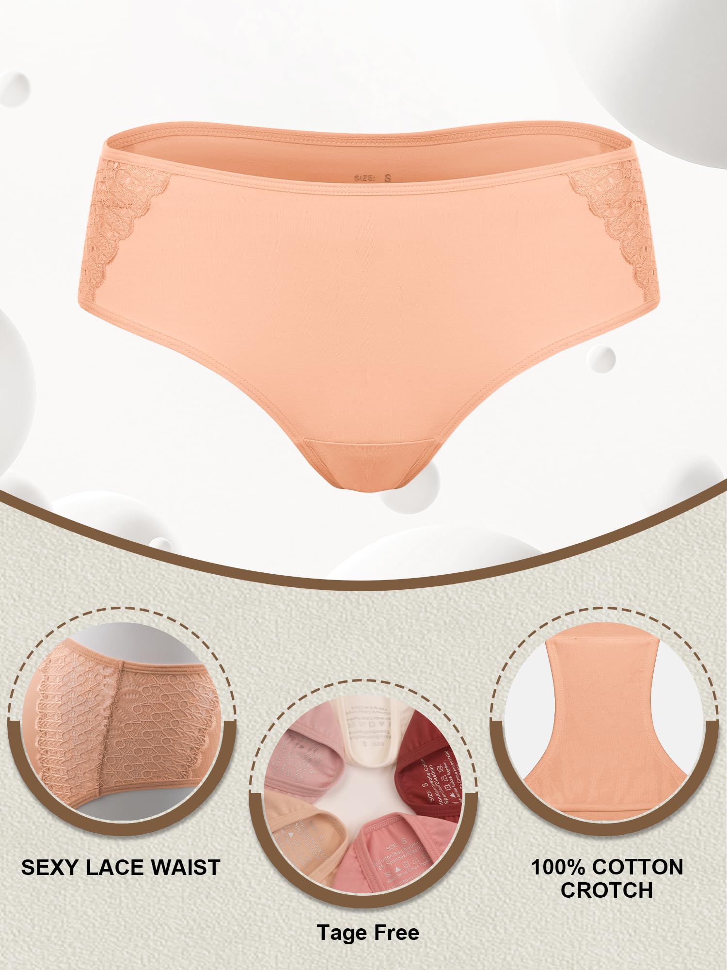 COLORFULLEAF Women's Cotton Hipster Panties Sexy Lace Underwear Pack Soft Moisture Wicking Bikini Briefs