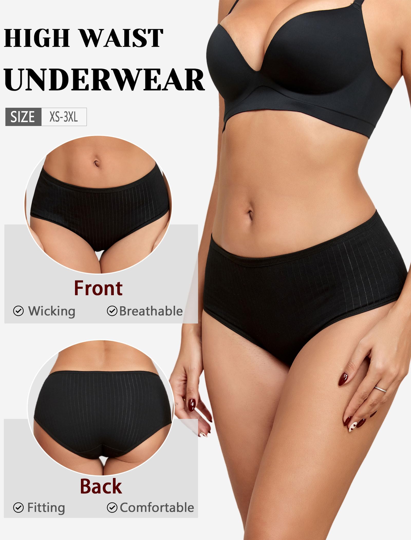 FINETOO Cotton Underwear for Women High Waisted Ribbed Full Coverage Briefs Soft Breathable Moisture Wicking Panties 6 Pack