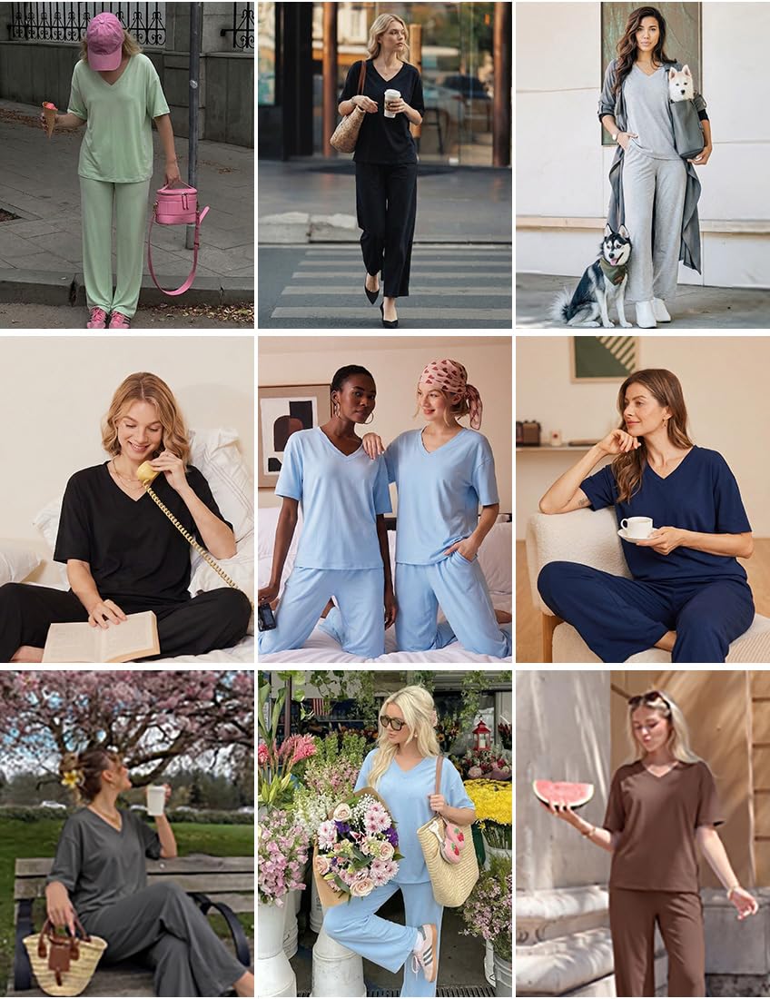 Ekouaer Womens Pajama Sets Cotton Short Sleeve Long Pants Lounge Set