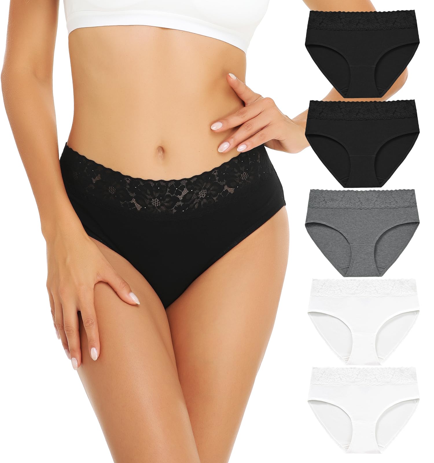 RHYFF Womens Underwear Cotton Bikini Panties Lace Soft Hipster Panty Ladies Stretch Full Briefs 5 Pack