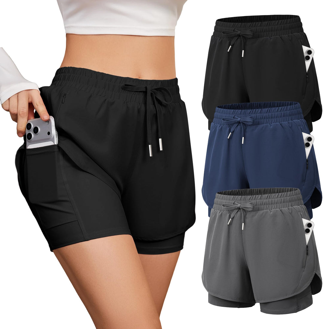 CE' CERDR 5 Pack Women's 2 in 1 Running Shorts High Waisted Athletic Workout Short for Gym Yoga with Liner 4 Pockets