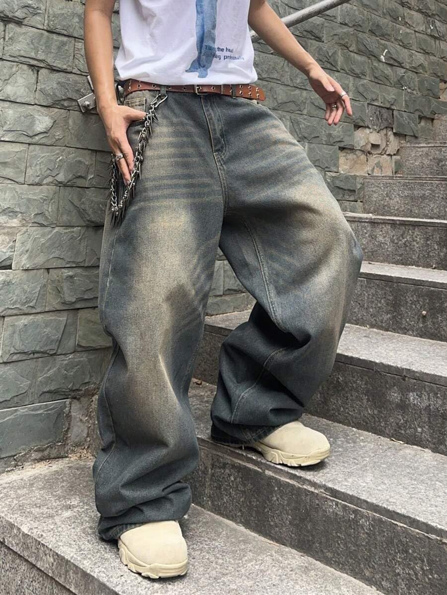 HUNGSON Mens Baggy Jeans for Men Women Y2k Skater Vintage Plain Pants Casual Wide Leg Jeans Loose Fit Denim Jeans
