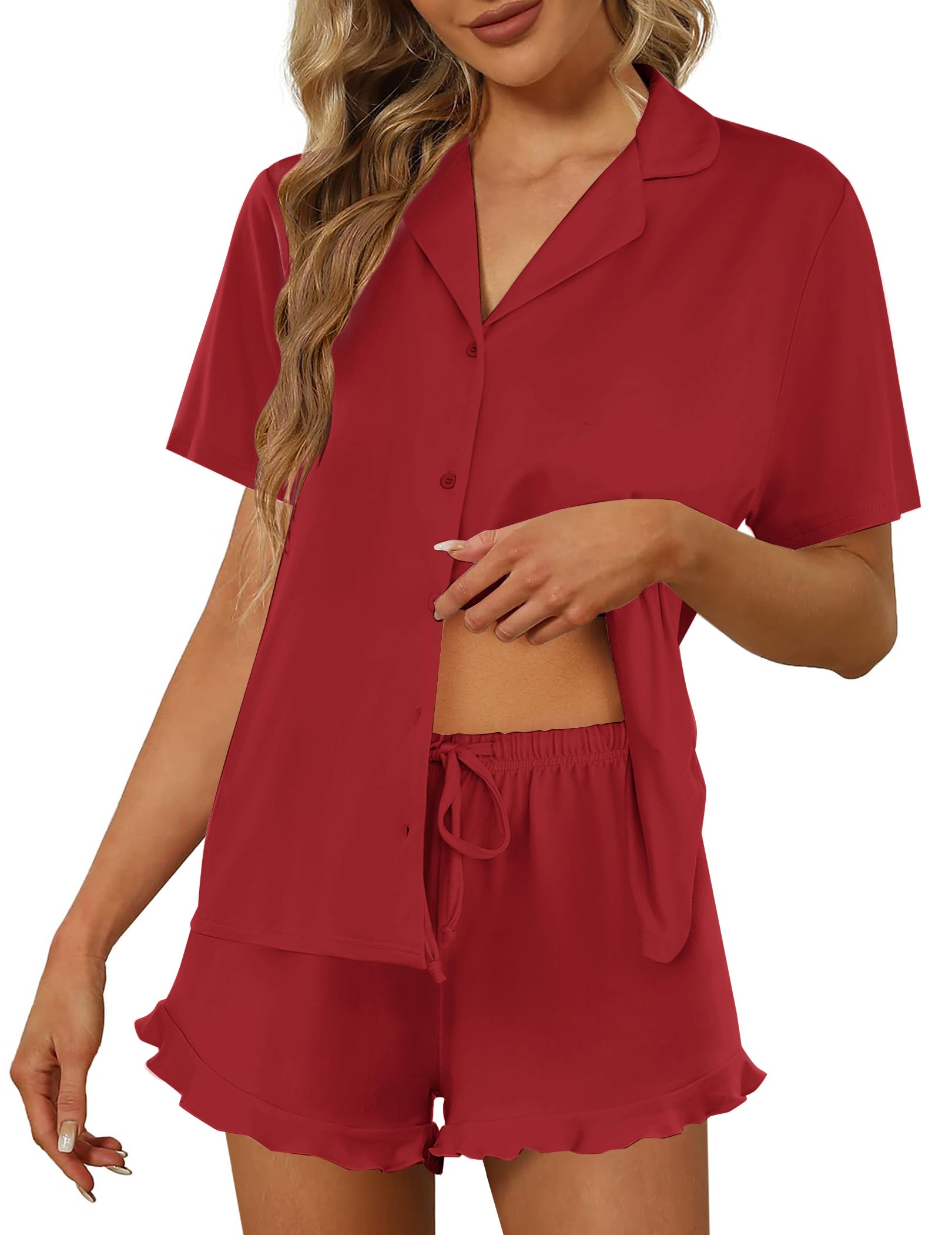 Ekouaer Pajamas Set for Women Short Sleeve Sleepwear Button Down Ruffle Pjs