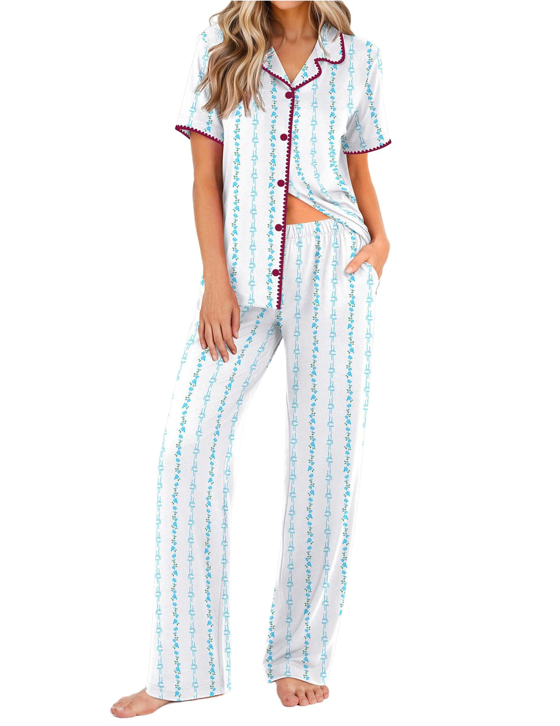 Ekouaer Womens Pajamas Set Button Down Loungewear Short Sleeve Pants Pjs