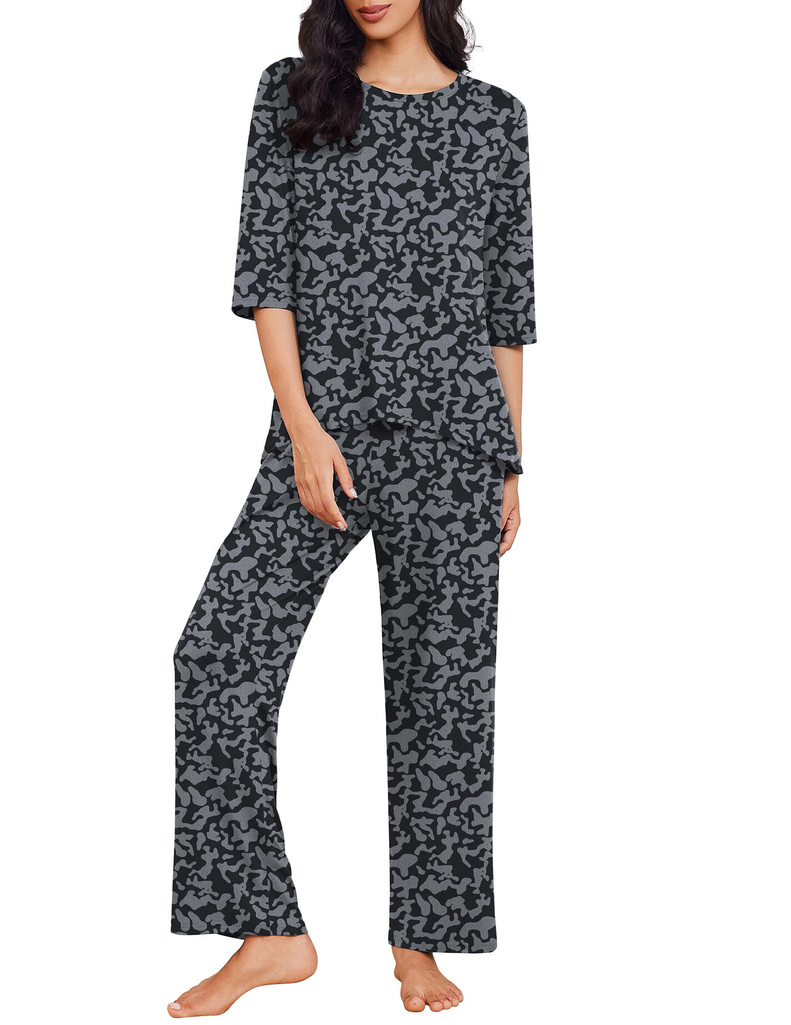 Ekouaer Womens Pajamas Set 2 Piece 3/4 Sleeve Tops Long Pants Pj Set