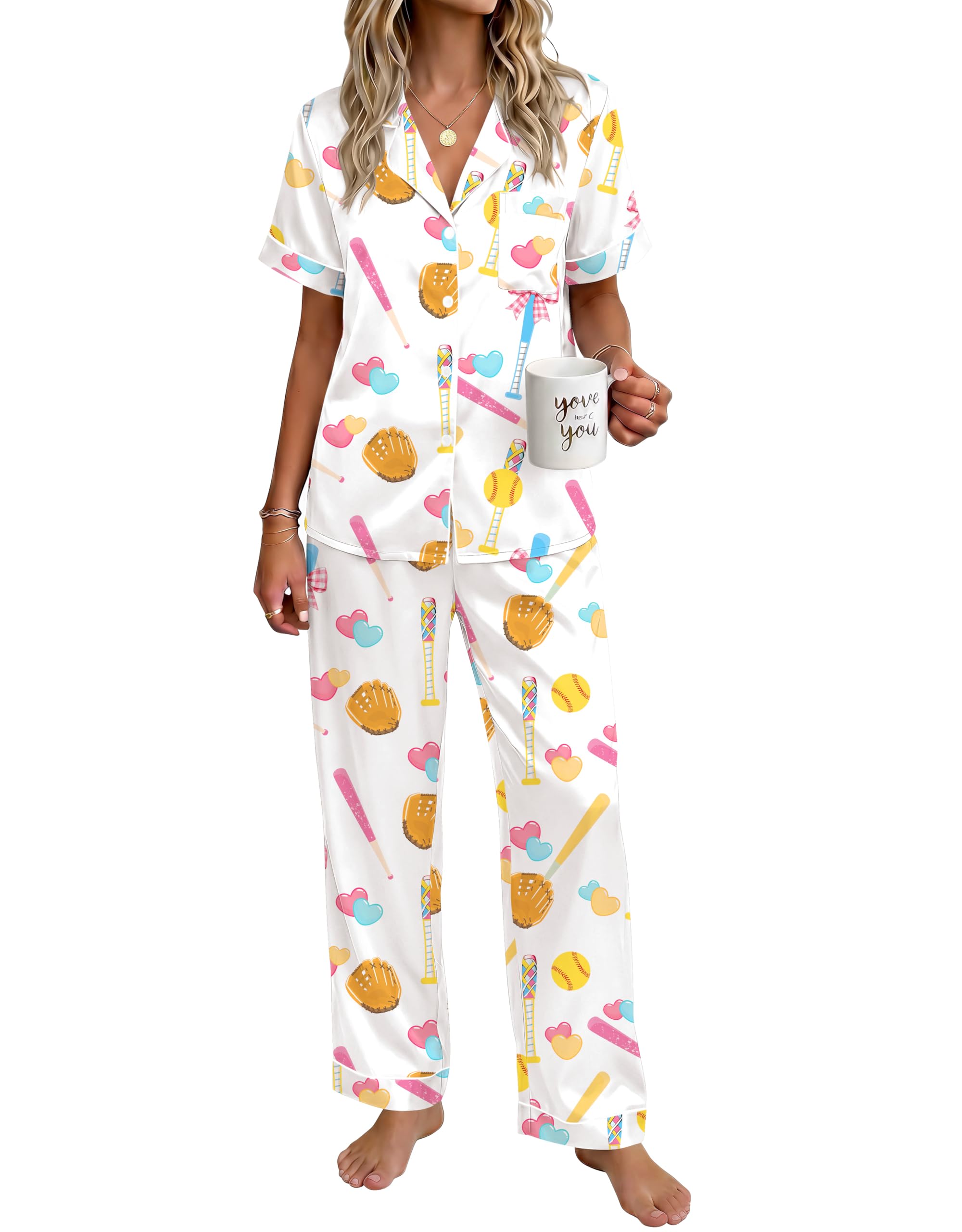 Ekouaer Womens Satin Pajama Set Silky Short Sleeve Button Down Pj Set
