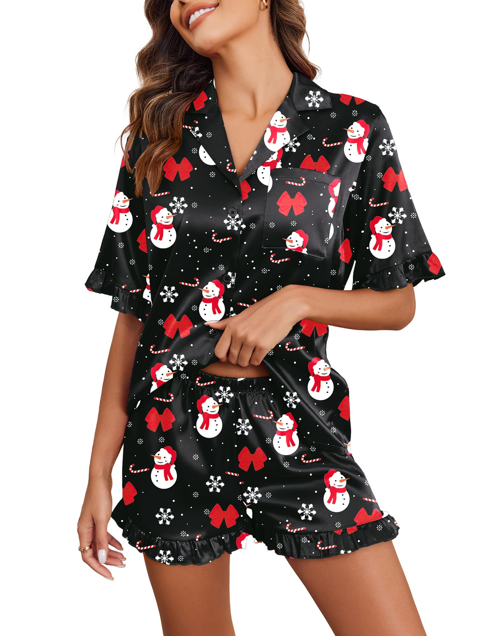 Ekouaer Satin Pajama Set for Women 2 Piece Pj Sets Short Sleeve Sleepwear