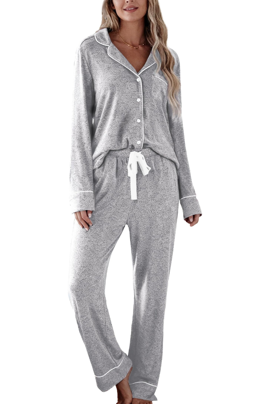 Senert Pajamas Set For Women Long Sleeve Sleepwear with Pocket Soft Button Down Shirt Long Pants Pj Lounge Sets S-XXL