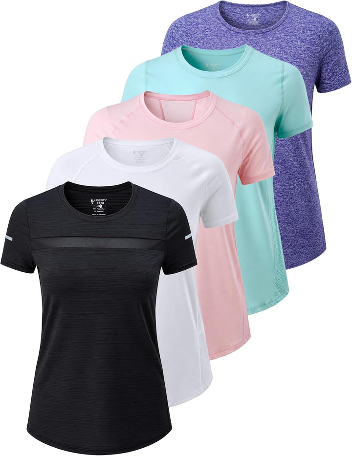 Liberty Imports 5 Pack Women's Dry Fit Workout Tops, Athletic Short Sleeve T Shirts for Yoga Gym (Available in Plus Sizes)