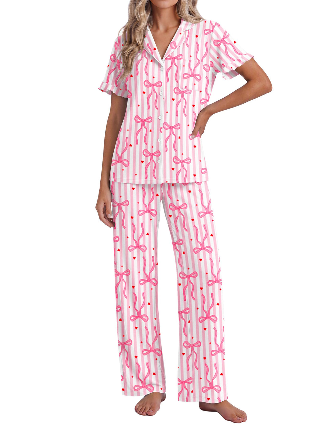 Ekouaer Pajamas for Women Set Button Up Soft Pjs Short Sleeve Lounge Sets