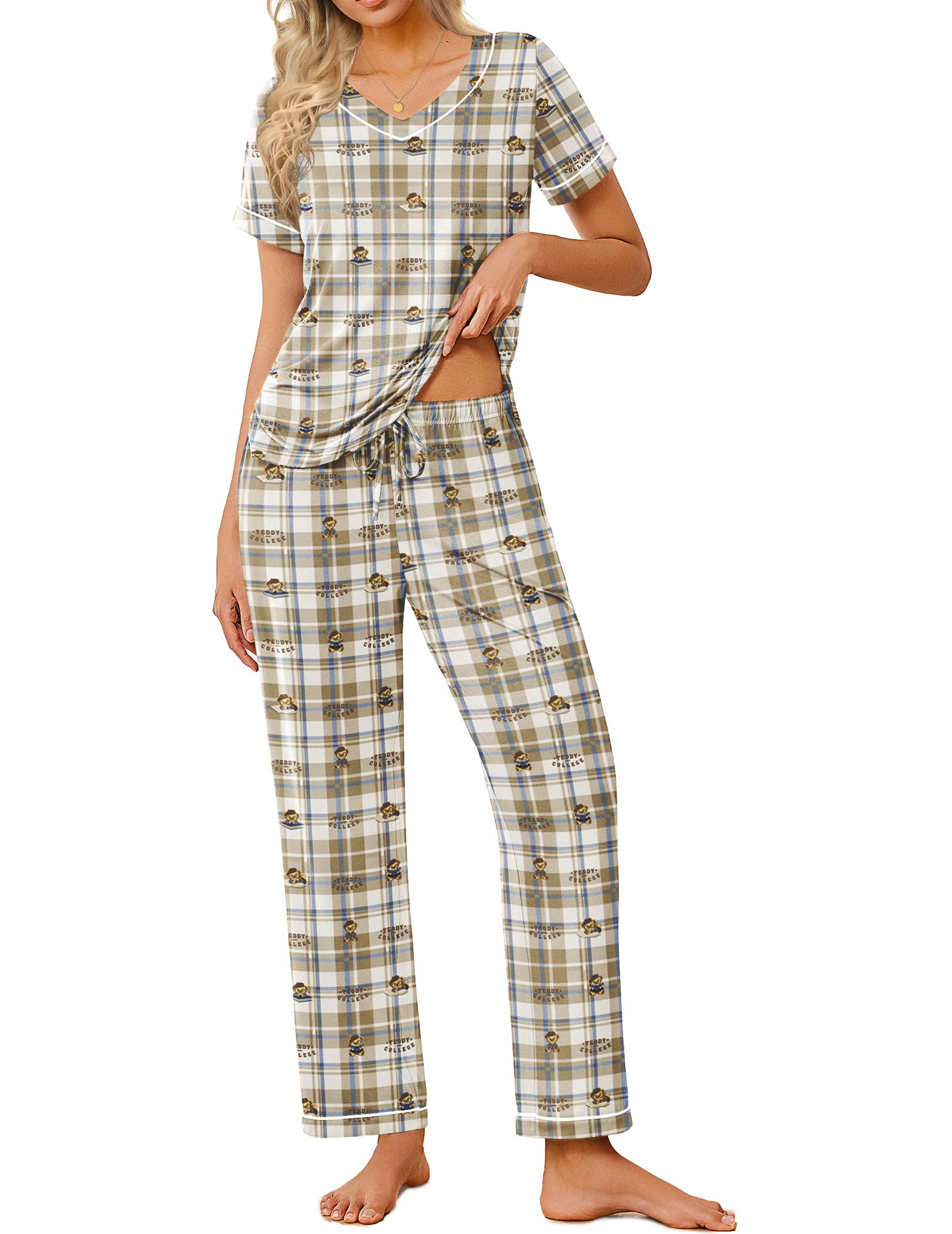 Ekouaer Pajamas for Women Set 2 Piece Lounge Set Soft Pajama Sets Short Sleeve and Pants Pj Sets Loose Sleepwear with Pockets