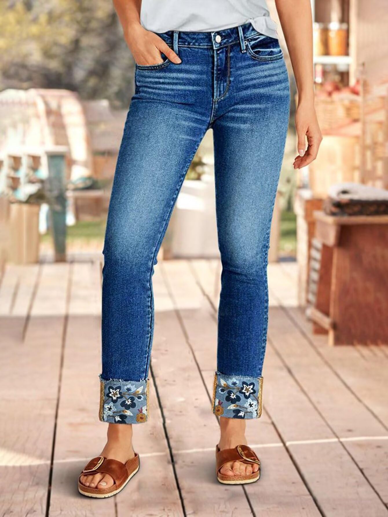 Flamingals Straight Leg Cropped Jeans for Women Trendy Mid Rise Stretchy Tribal Embroidery Raw Hem Ankle Jeans