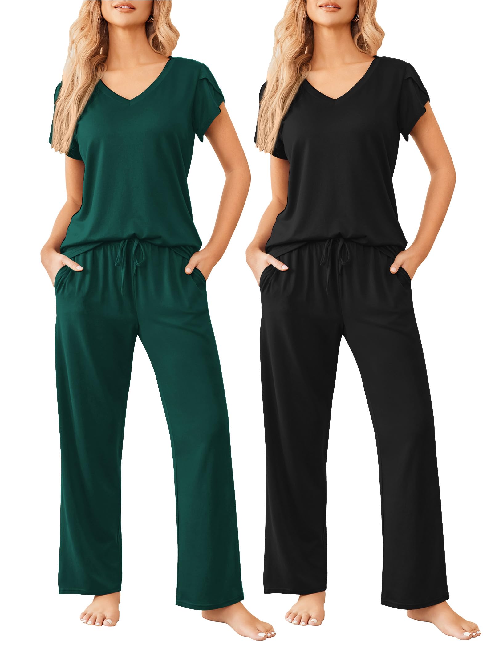 Ekouaer 2 Pack Womens Pajama Set Short Sleeve Sleepwear Soft Pjs Lounge Set