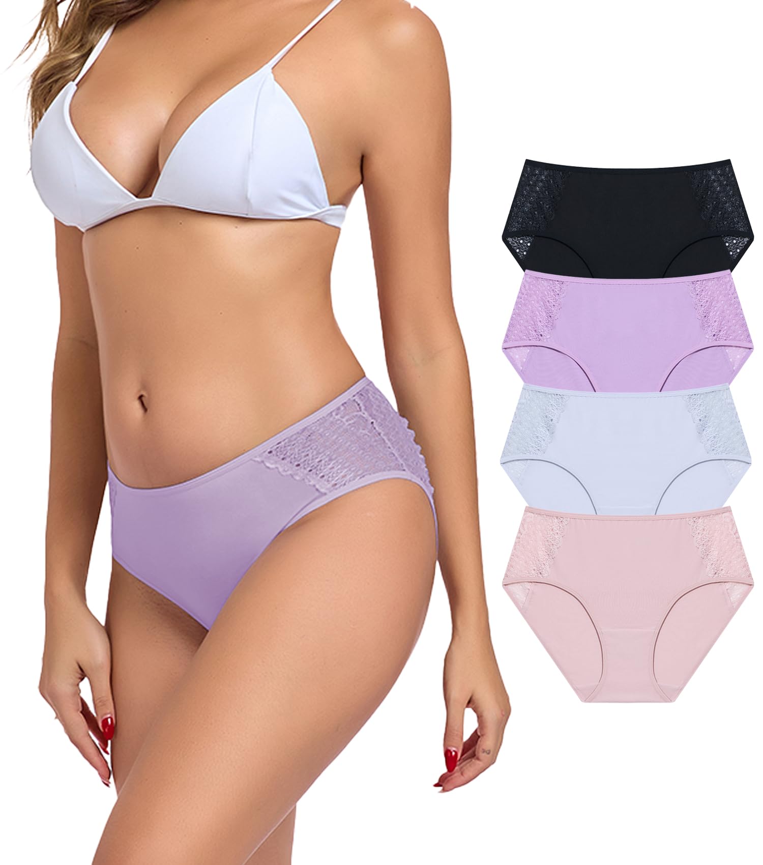 COLORFULLEAF Women's Cotton Hipster Panties Sexy Lace Underwear Pack Soft Moisture Wicking Bikini Briefs