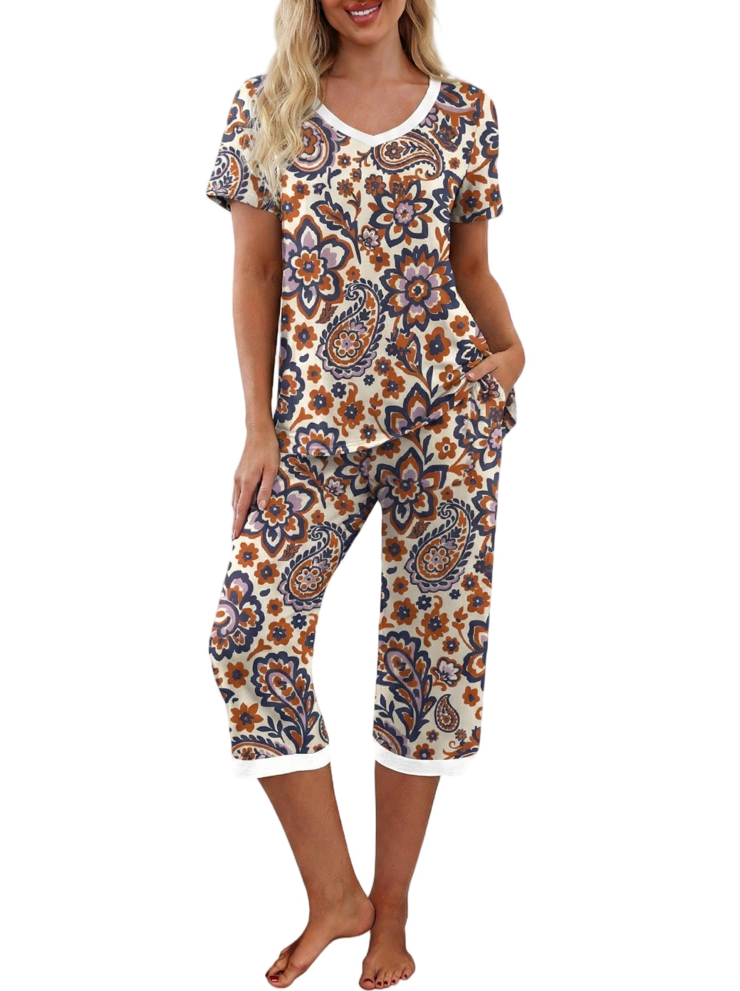 PrinStory Womens Pajama Sets Capri Pjs Soft Lounge Sets S-4XL