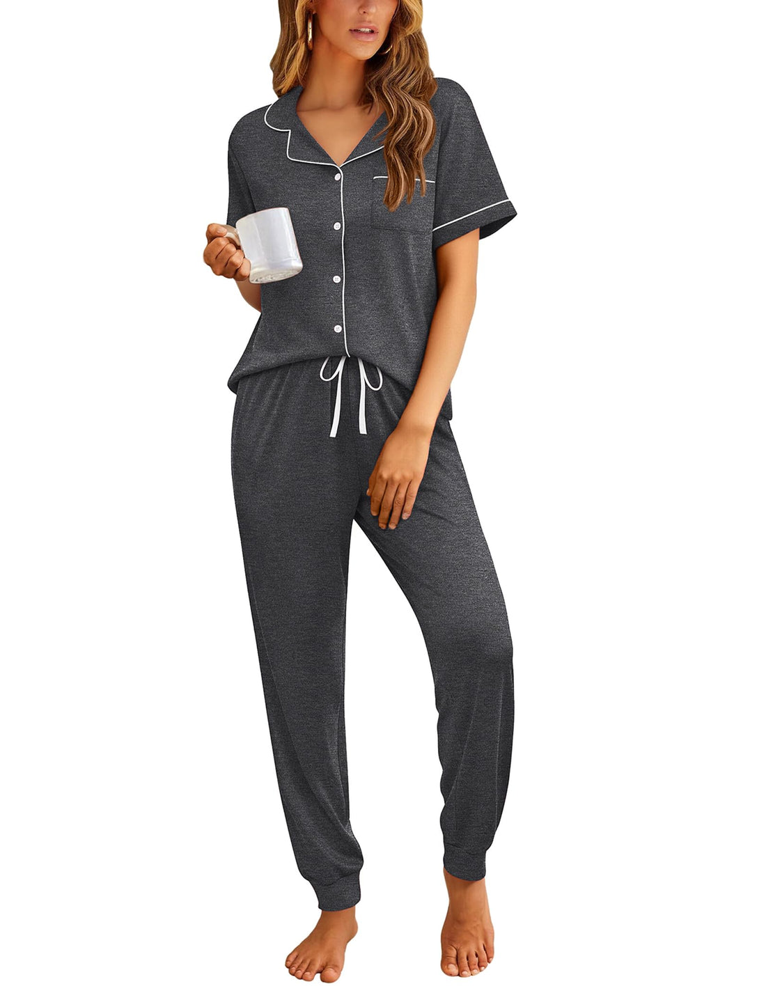 Ekouaer Women Pajama Set Short Sleeve Button Down Pjs with Jogger Pants