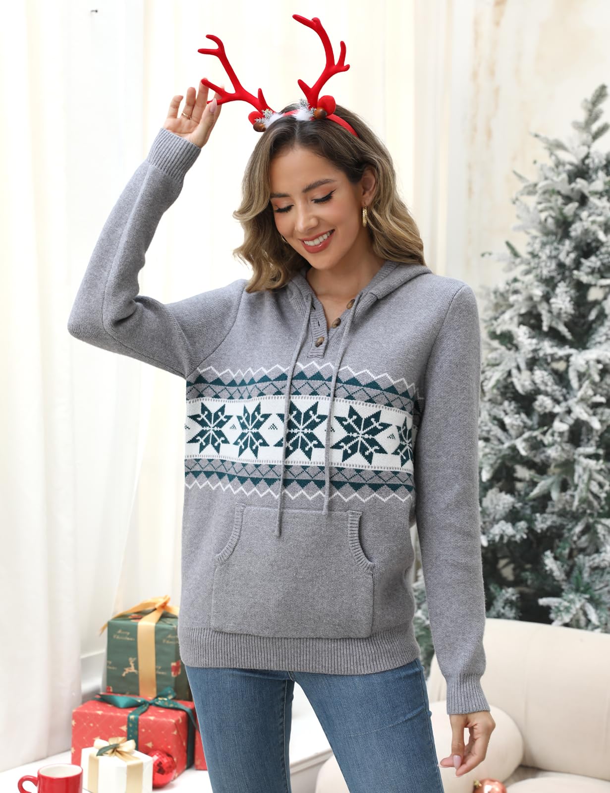 CiCiBird Women's Fall Hoodies Sweater V Neck Waffle Knit Top with Pocket | Loose Fit, V Neck Button, Adjustable Drawstring, Long Sleeve, Kangaroo Pocket, Weekend Errands, Daily Wear, Work Casual