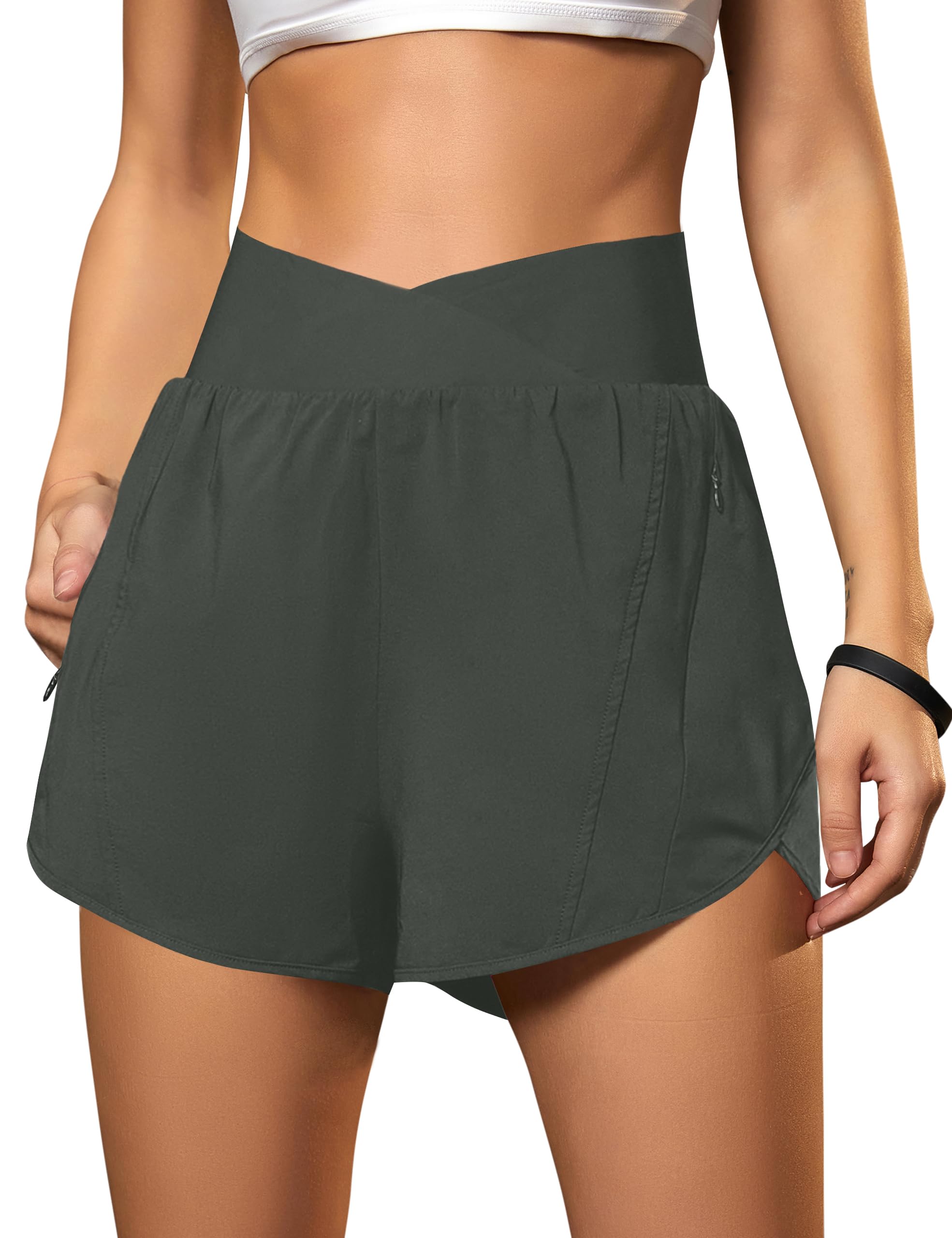 Blooming Jelly Women's Workout Shorts Athletic Running Shorts Crossover High Waisted Gym Shorts with Zipper Pockets