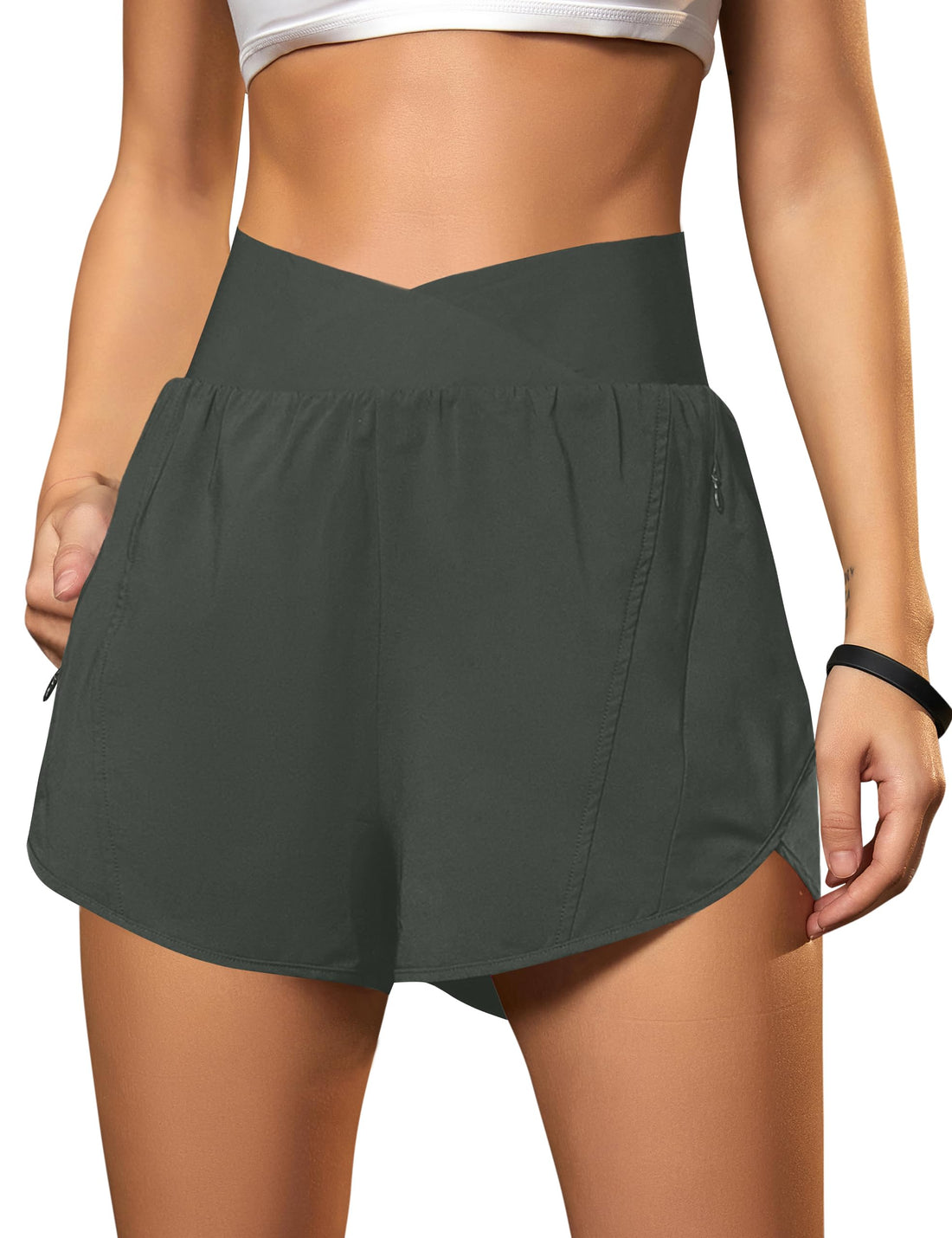 Blooming Jelly Women's Workout Shorts Athletic Running Shorts Crossover High Waisted Gym Shorts with Zipper Pockets