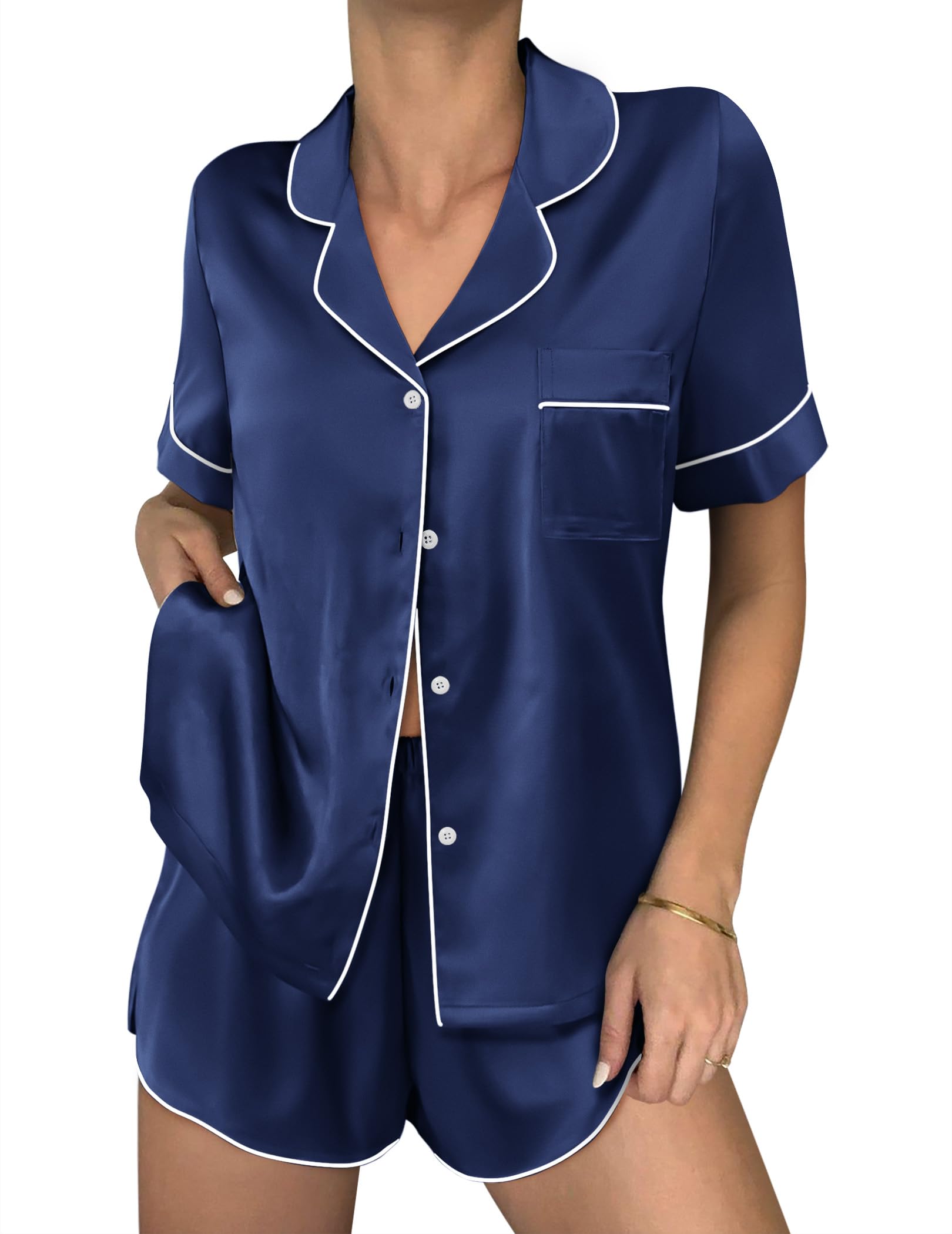 Ekouaer Women Satin Pajama Sets Cute Print Silk Pjs Shorts Sets S-4XL
