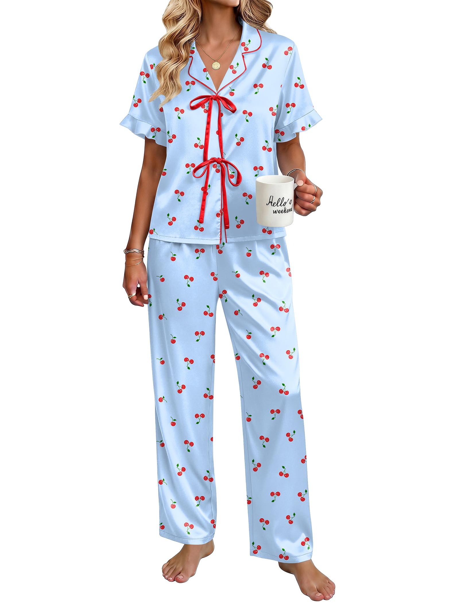 Ekouaer Womens Satin Pajama Sets Silky Tie Front Ruffle Pjs Sets Sleepwear