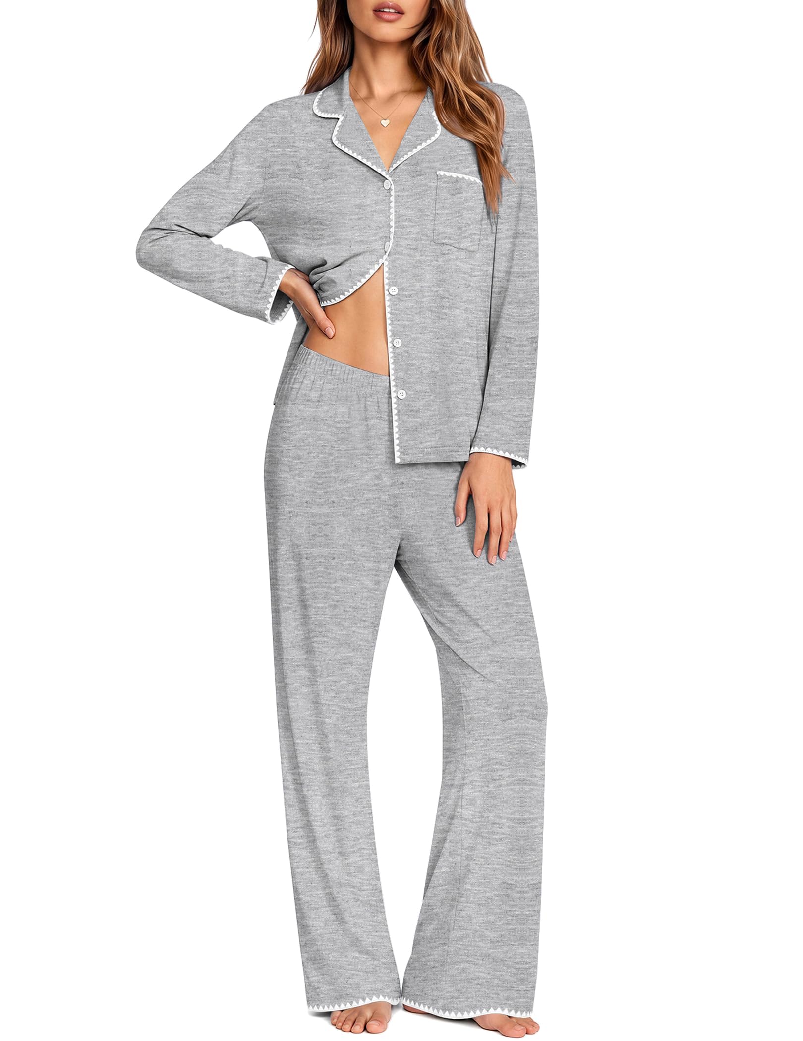 Ekouaer Pajamas for Women Set Long Sleeve Lounge Set Soft Button Down Pjs