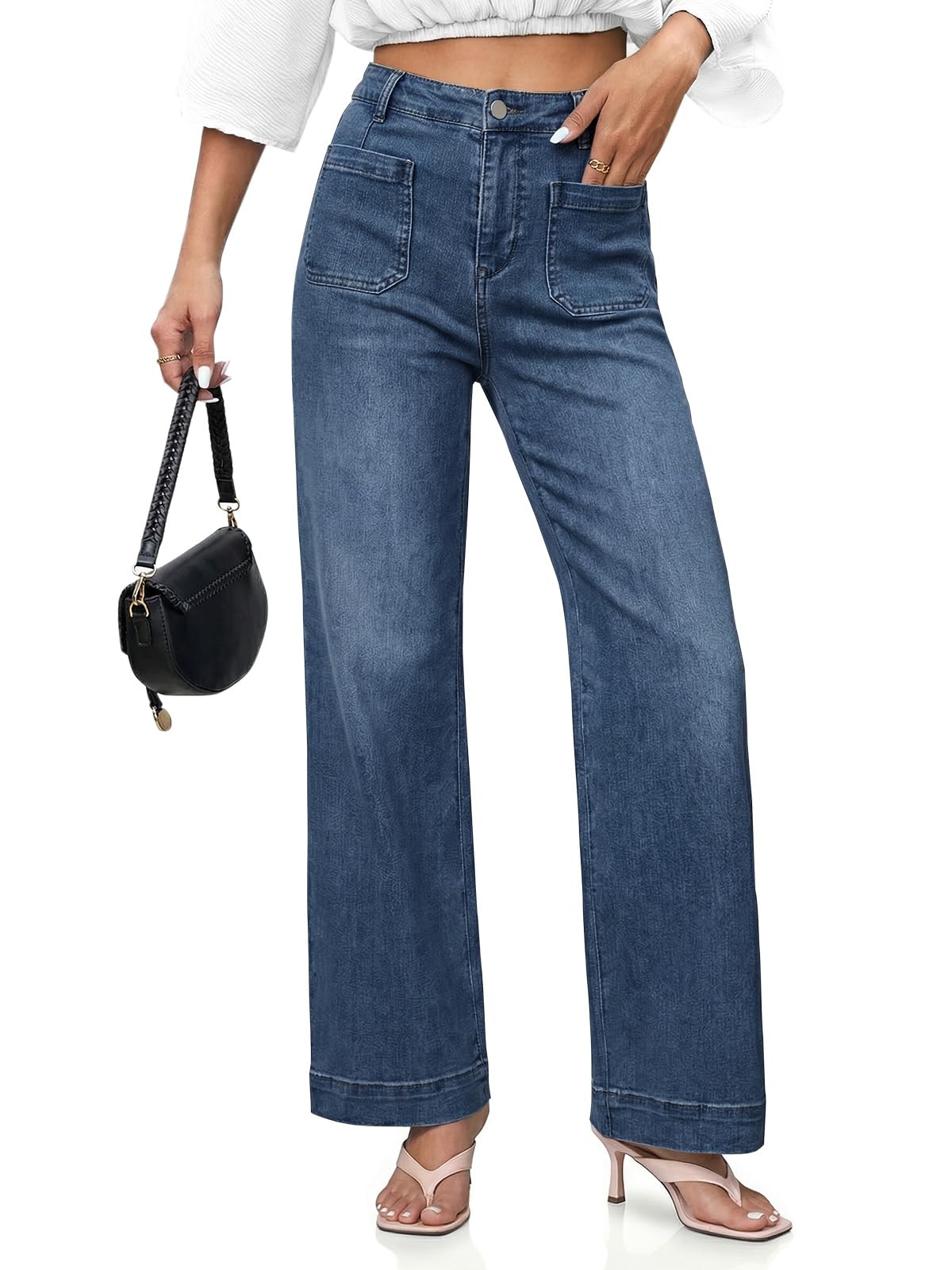 Cicy Bell Womens Wide Leg Jeans High Waisted Straight Leg Denim Pants | Stretchy,Patch Pocket,Full Length,Loose,Trendy,Pockets Front