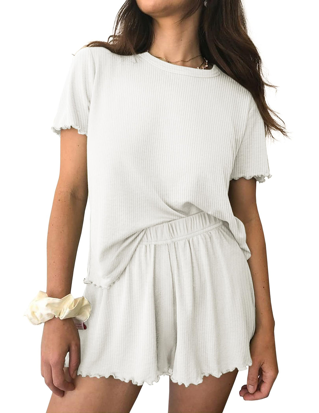 Ekouaer Womens Pajamas 2 Piece Ribbed Knit Pjs Short Sleeve Lounge Sets
