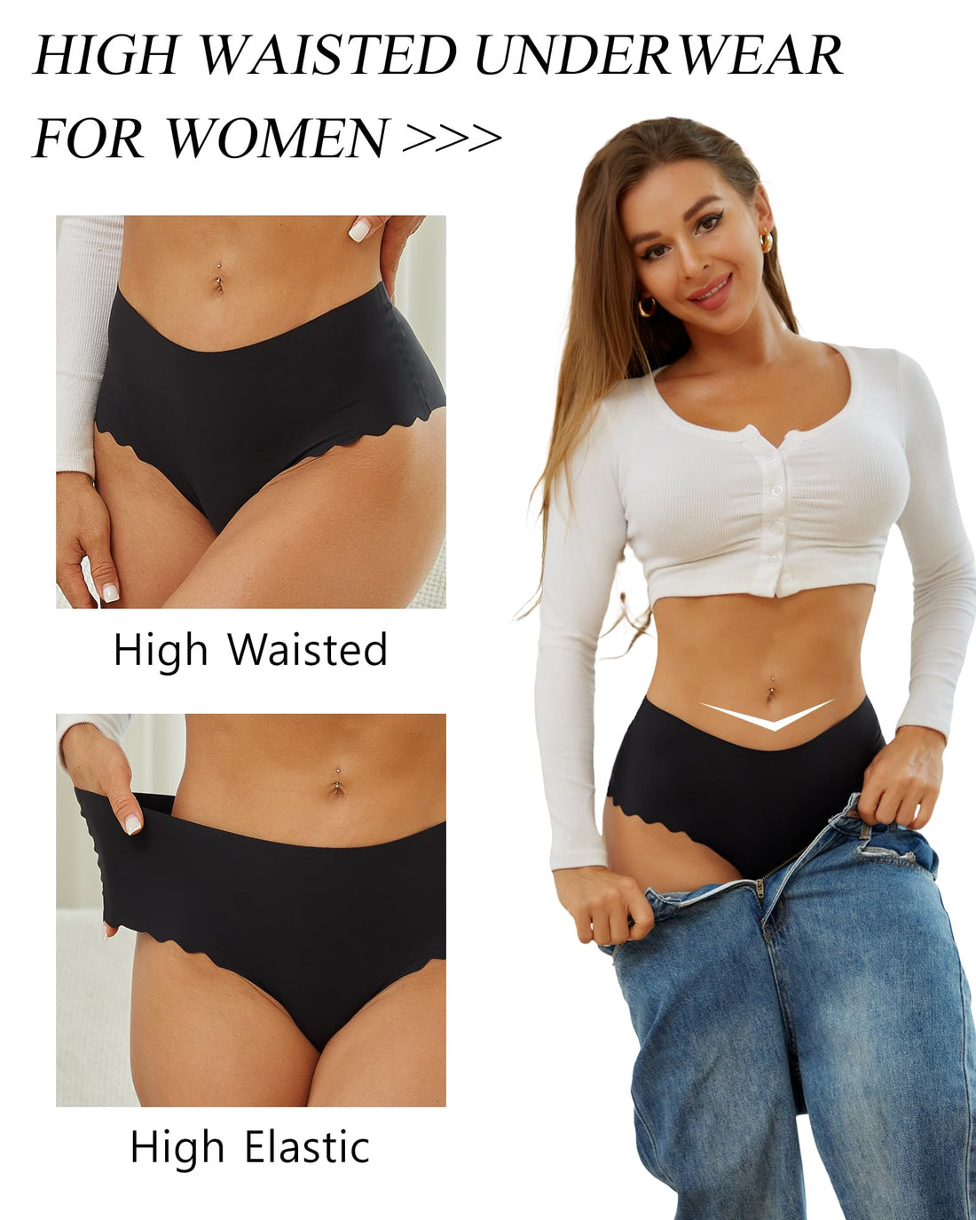 Sth Big High Waisted Seamless Underwear for Women No Show Panties Cheeky Scalloped Edge Bikini Breathable Briefs 6 Pack