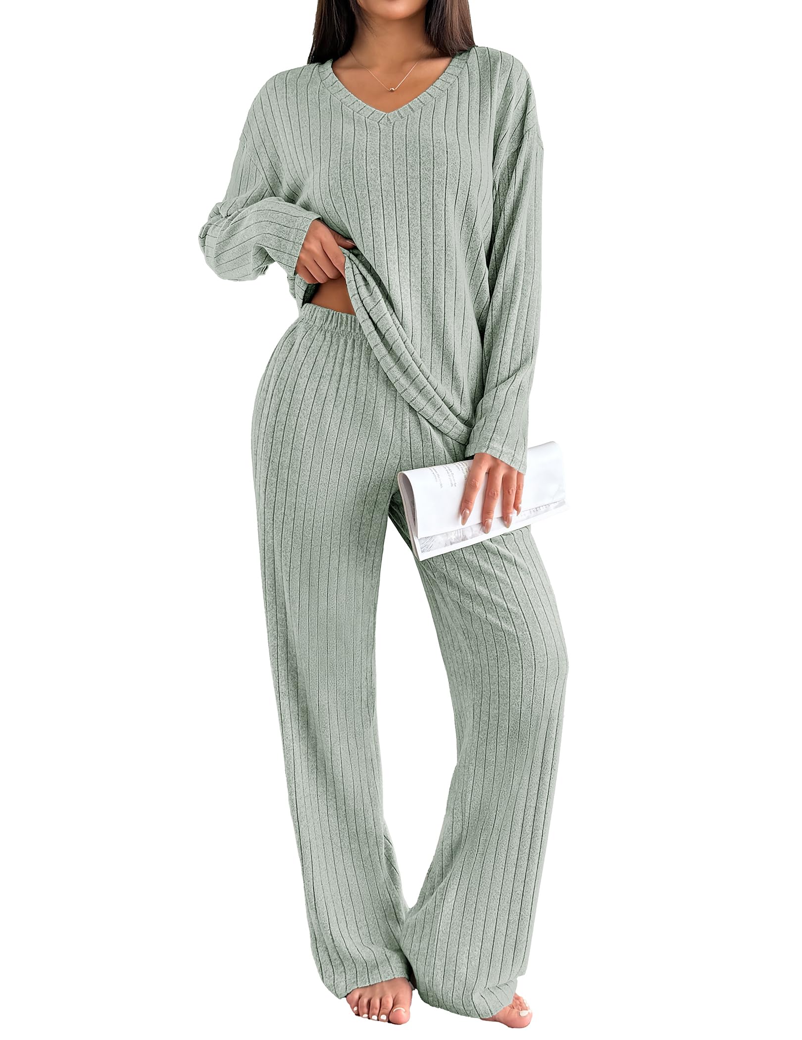 Ekouaer Lounge Sets for Women Long Sleeve Knit Ribbed Pajama Sets 2 Piece Casual Loungewear with Pockets