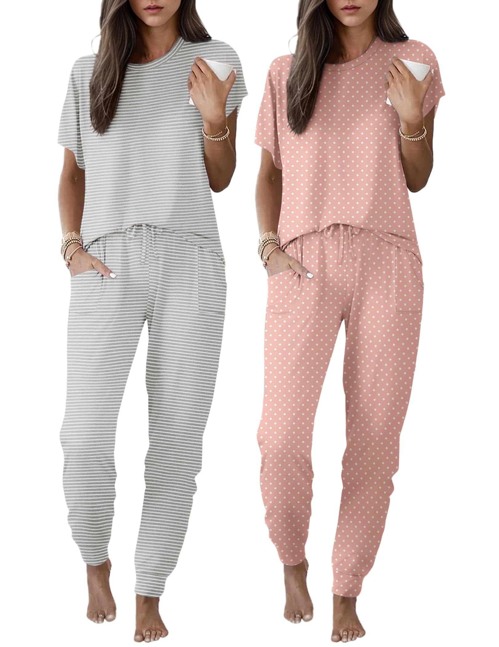 Ekouaer 2 Pack Womens Pajama Short Sleeve Jogger Pants Pjs Lounge Set