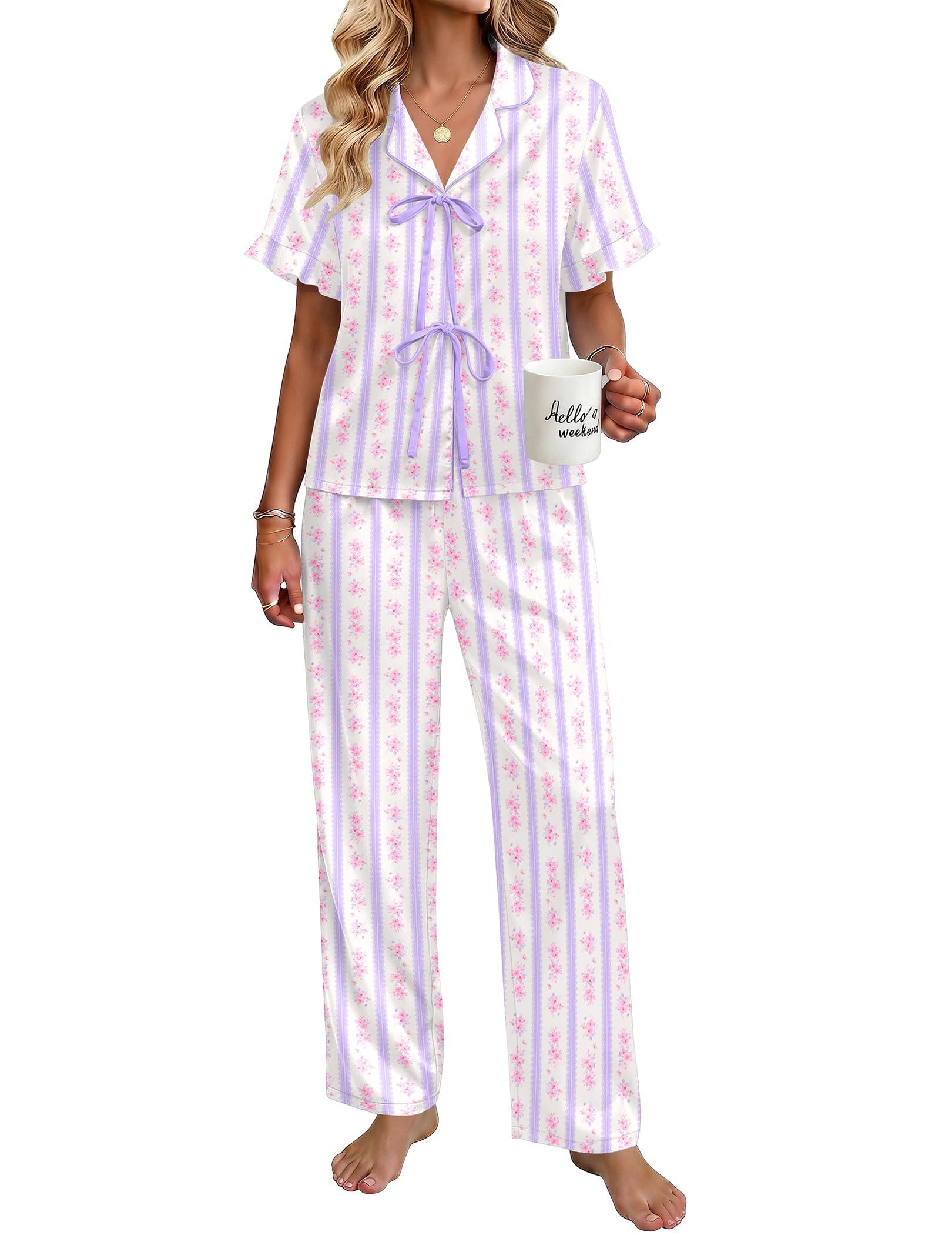 Ekouaer Womens Satin Pajama Sets Silky Tie Front Ruffle Pjs Sets Sleepwear