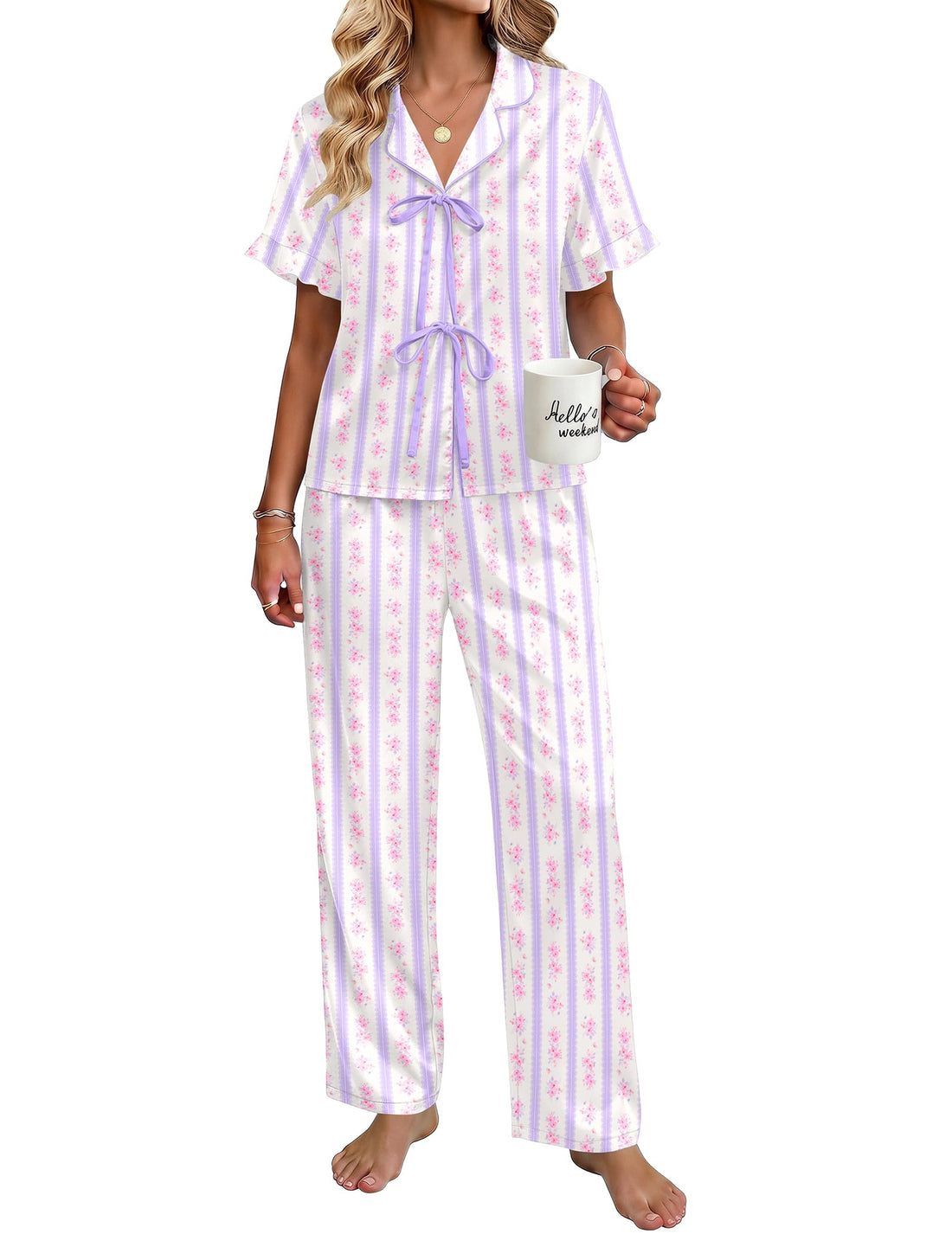 Ekouaer Womens Satin Pajama Sets Silky Tie Front Ruffle Pjs Sets Sleepwear