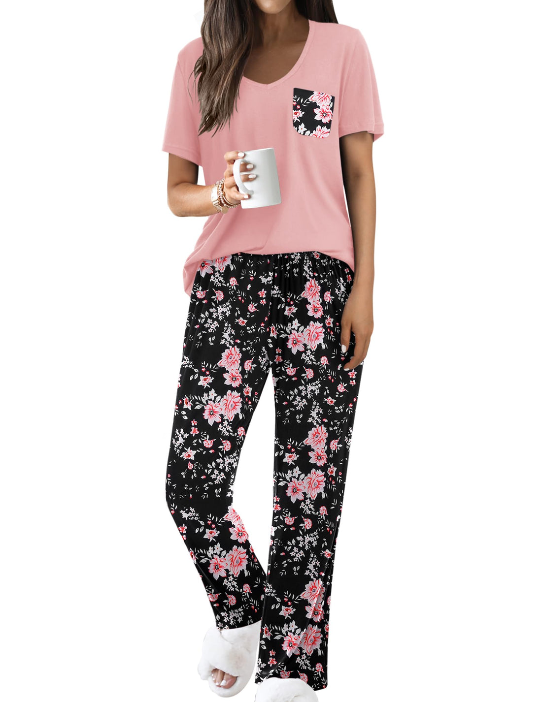 Ekouaer Pajama Sets for Women 2 Piece Short Sleeve Pj V Neck Chest Pocket