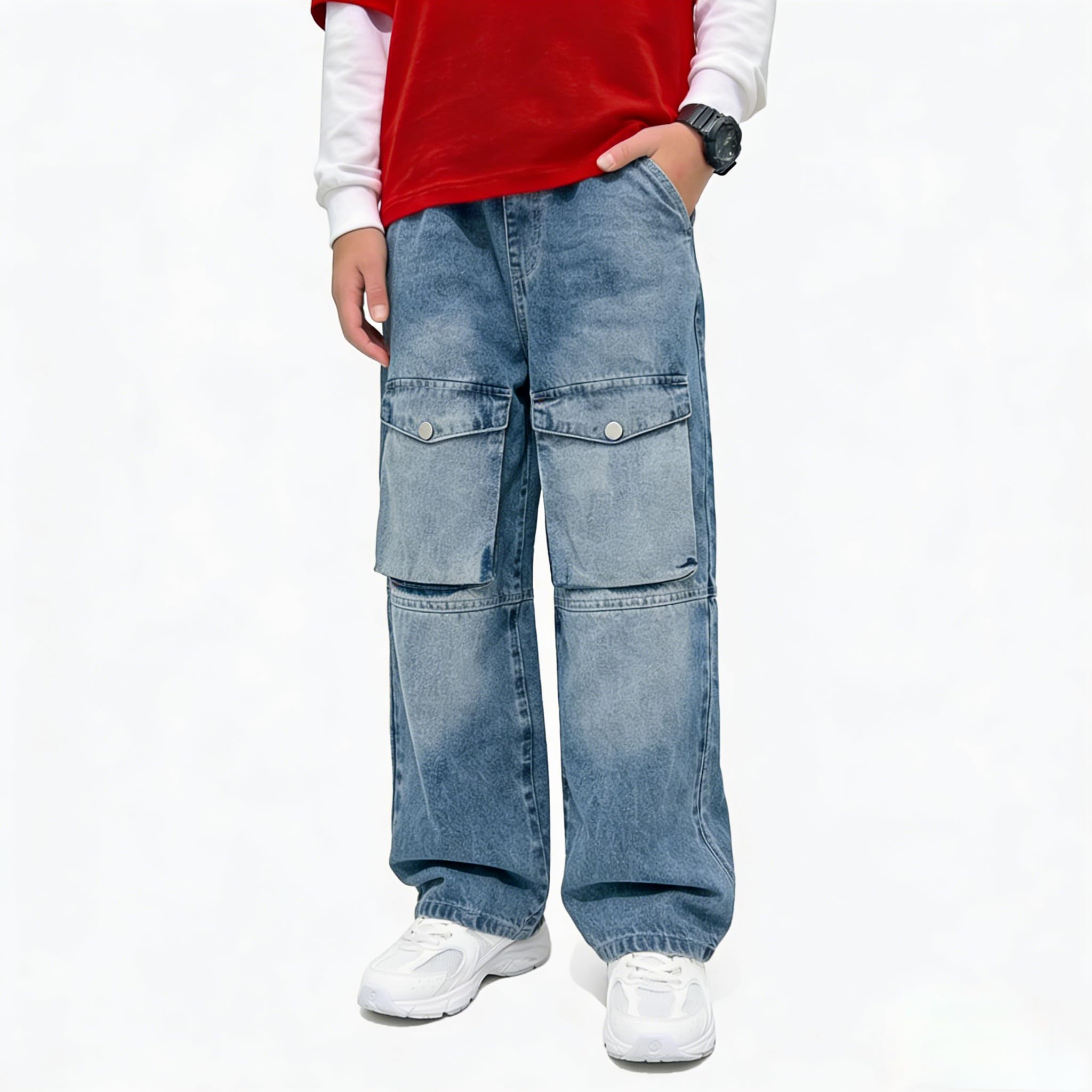 Baggy Jeans for Boys Cargo Jeans, Mid Rise Elastic Waist Multi-Pockets Denim Pants School Streetwear Size 8-12